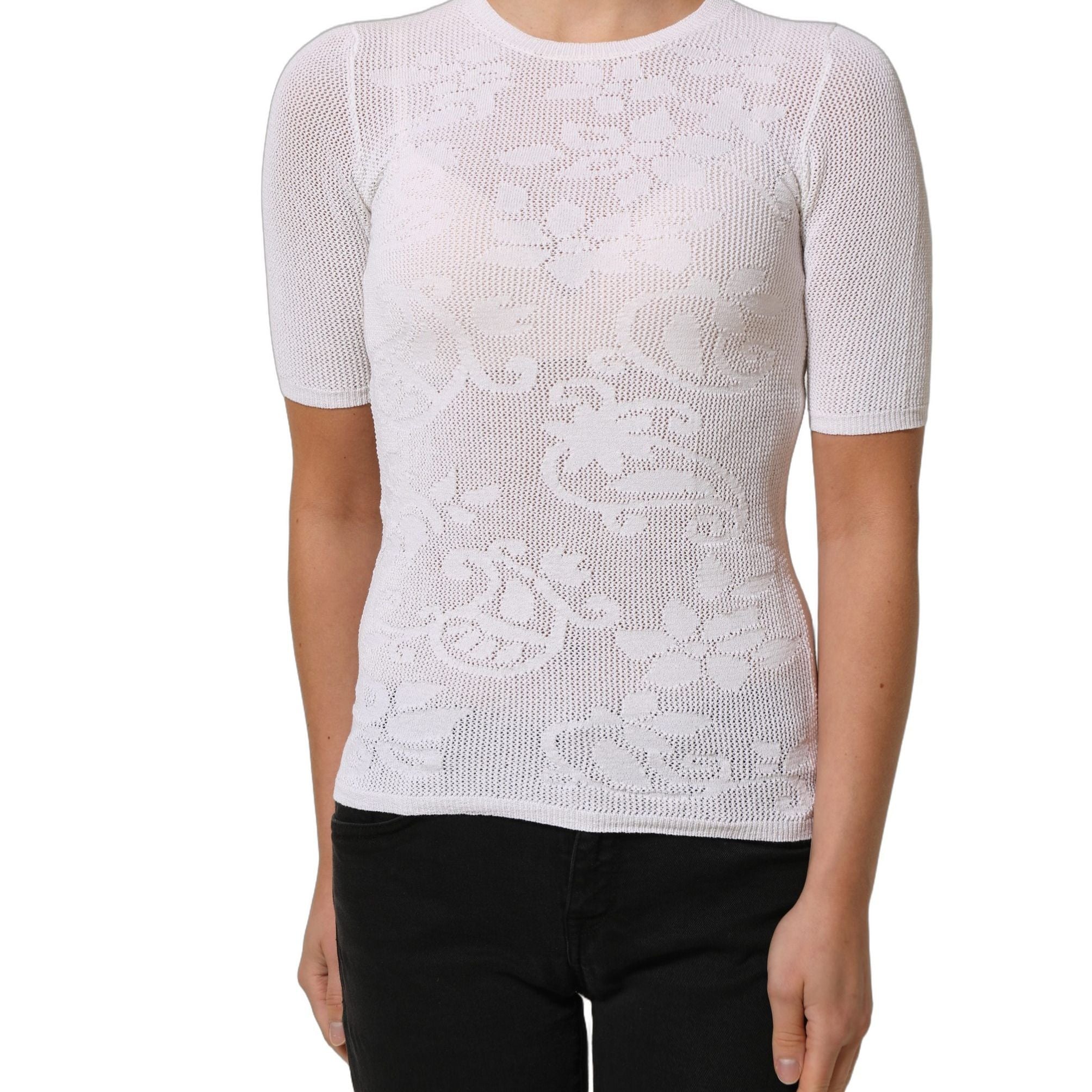 Alpha Studio White Floral Lace Knit Fabric Short Sleeves Blouse Top