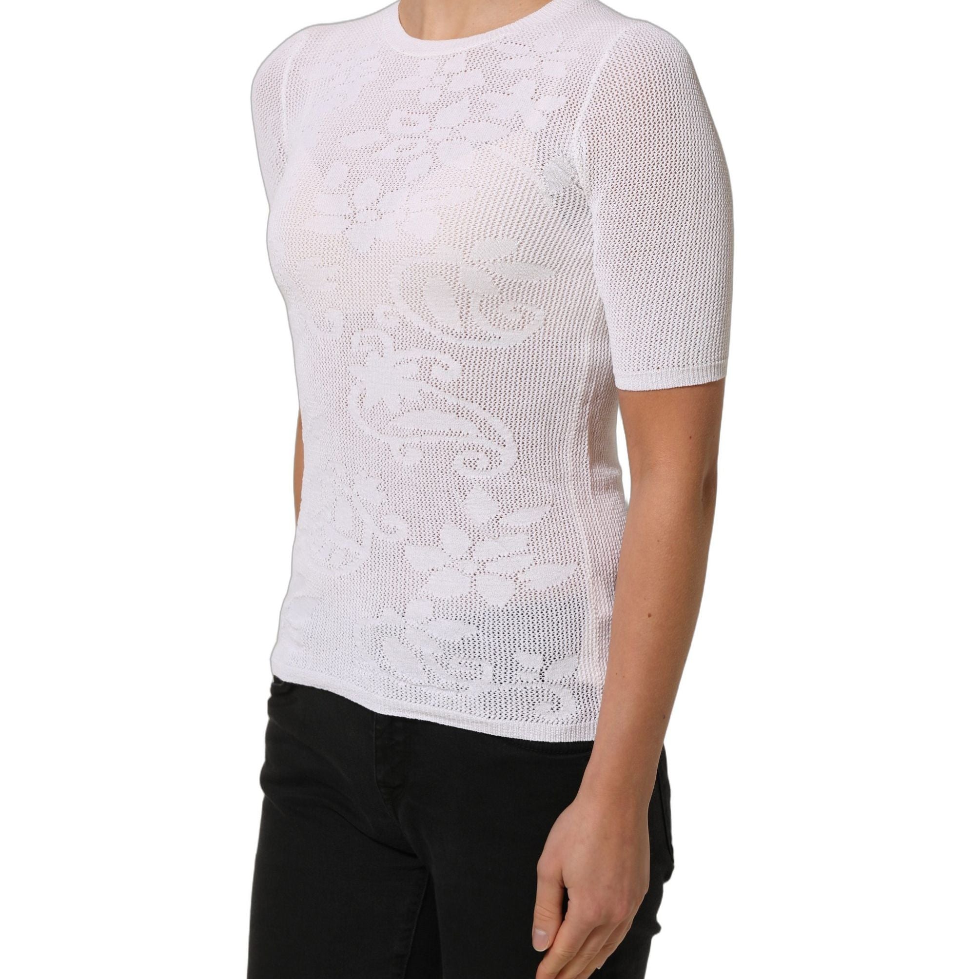 Alpha Studio White Floral Lace Knit Fabric Short Sleeves Blouse Top