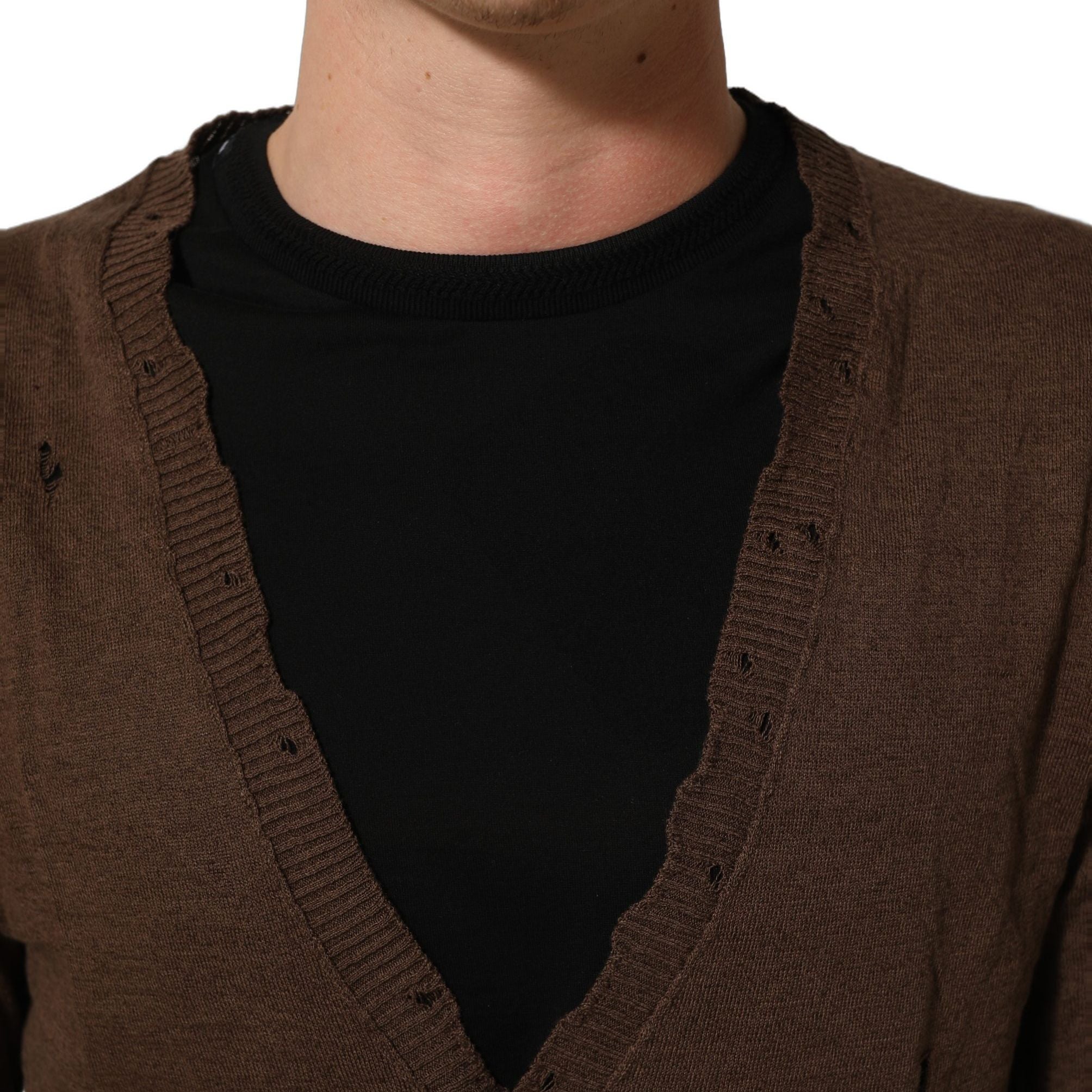 Dolce & Gabbana Brown Flax Buttoned V-neck Pullover Sweater