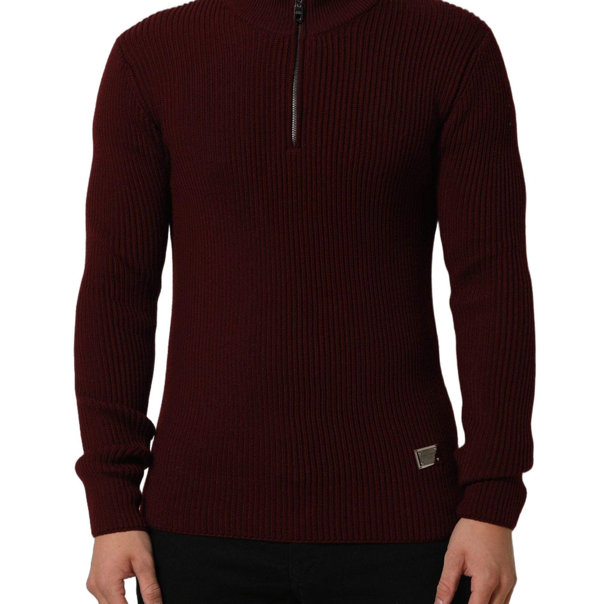 Dolce & Gabbana Burgundy Wool Half Zip Men Pullover Sweater