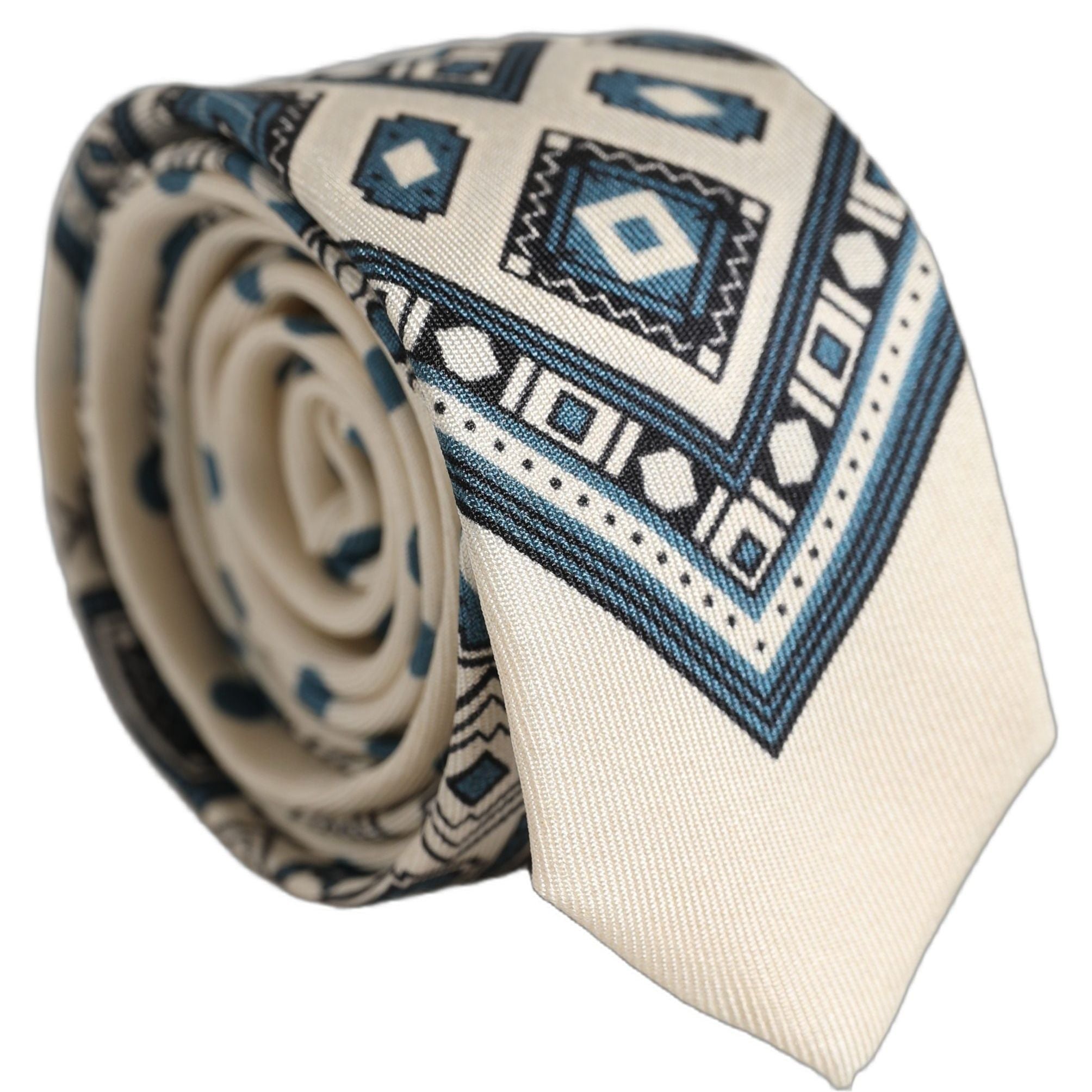 Dolce & Gabbana Men Off White Blue Geometric Adjustable Tied Necktie Tie