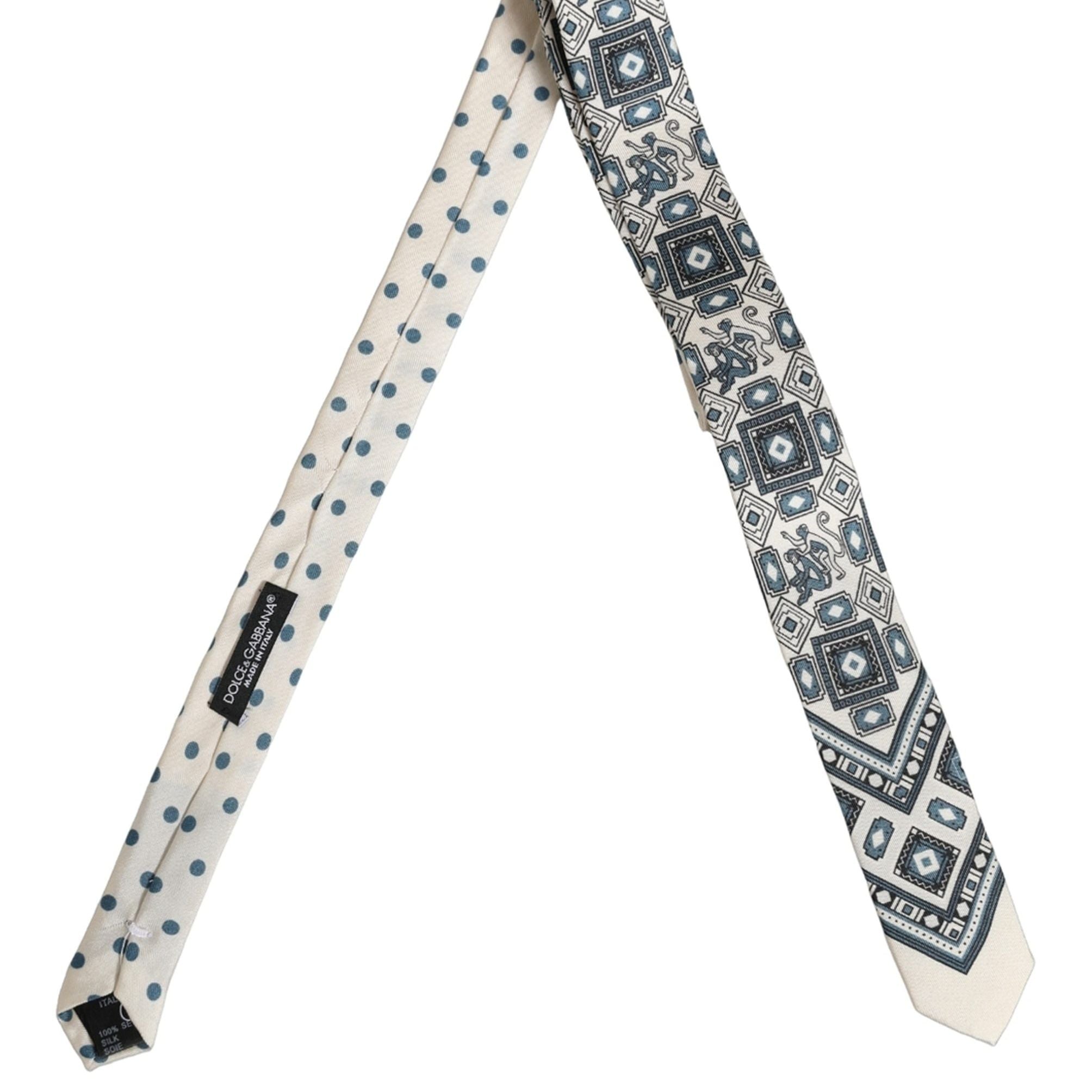 Dolce & Gabbana Men Off White Blue Geometric Adjustable Tied Necktie Tie