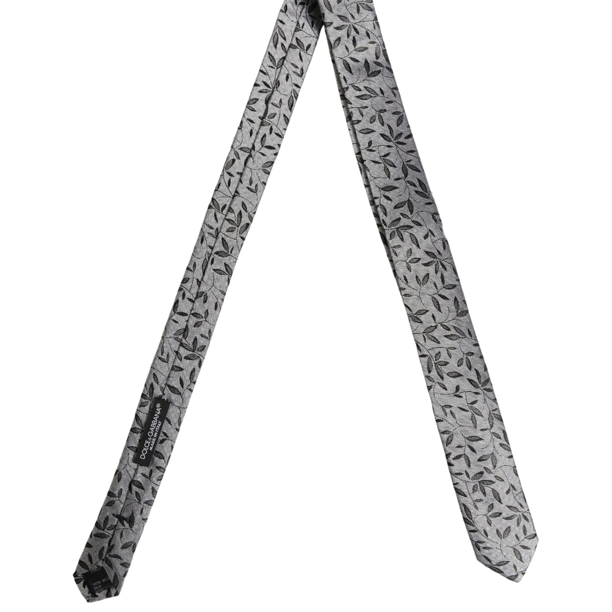 Dolce & Gabbana Men Gray Leaf Pattern Silk Adjustable Tied Necktie Tie