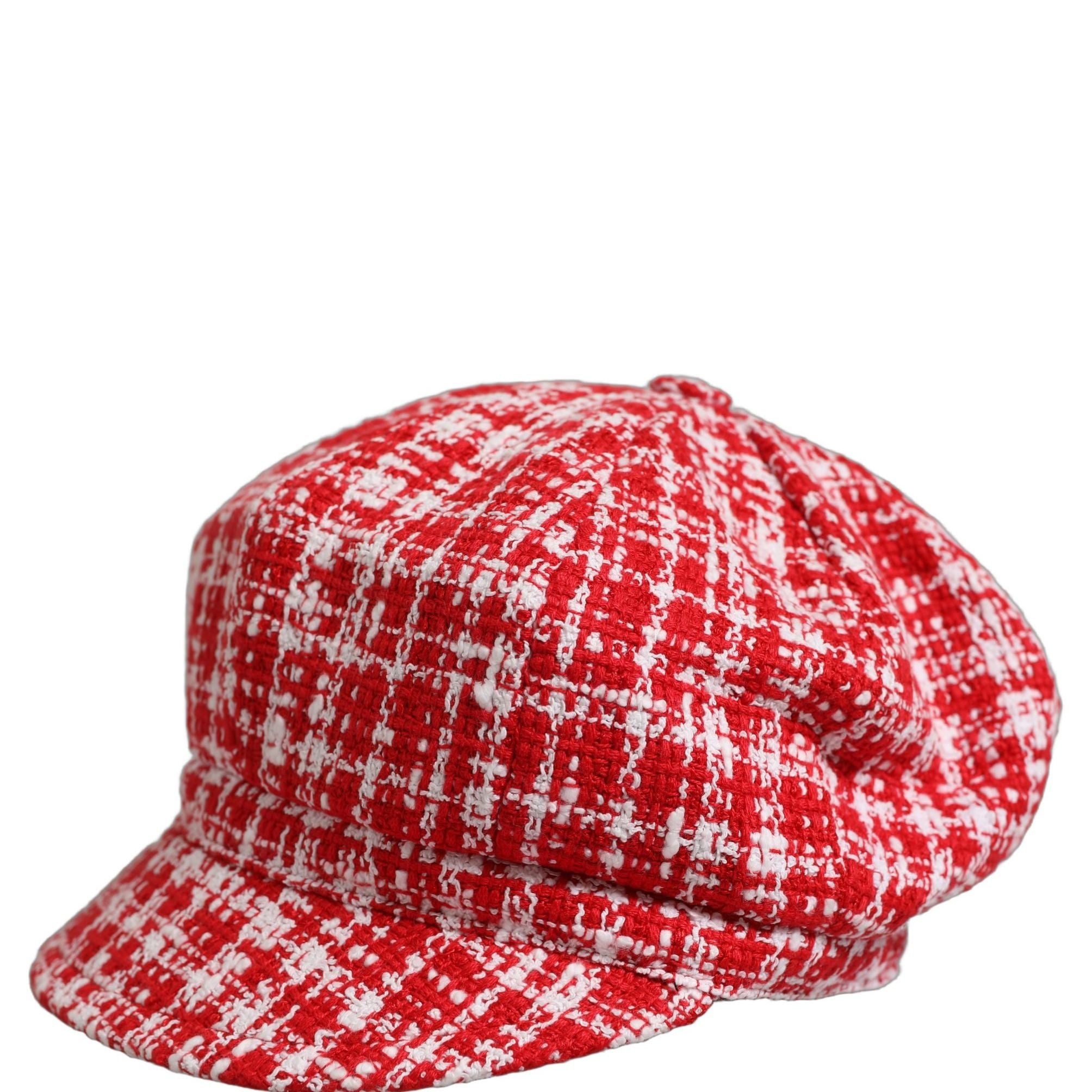 Dolce & Gabbana Red White Tweed Textured Baker Boy Capello Hat