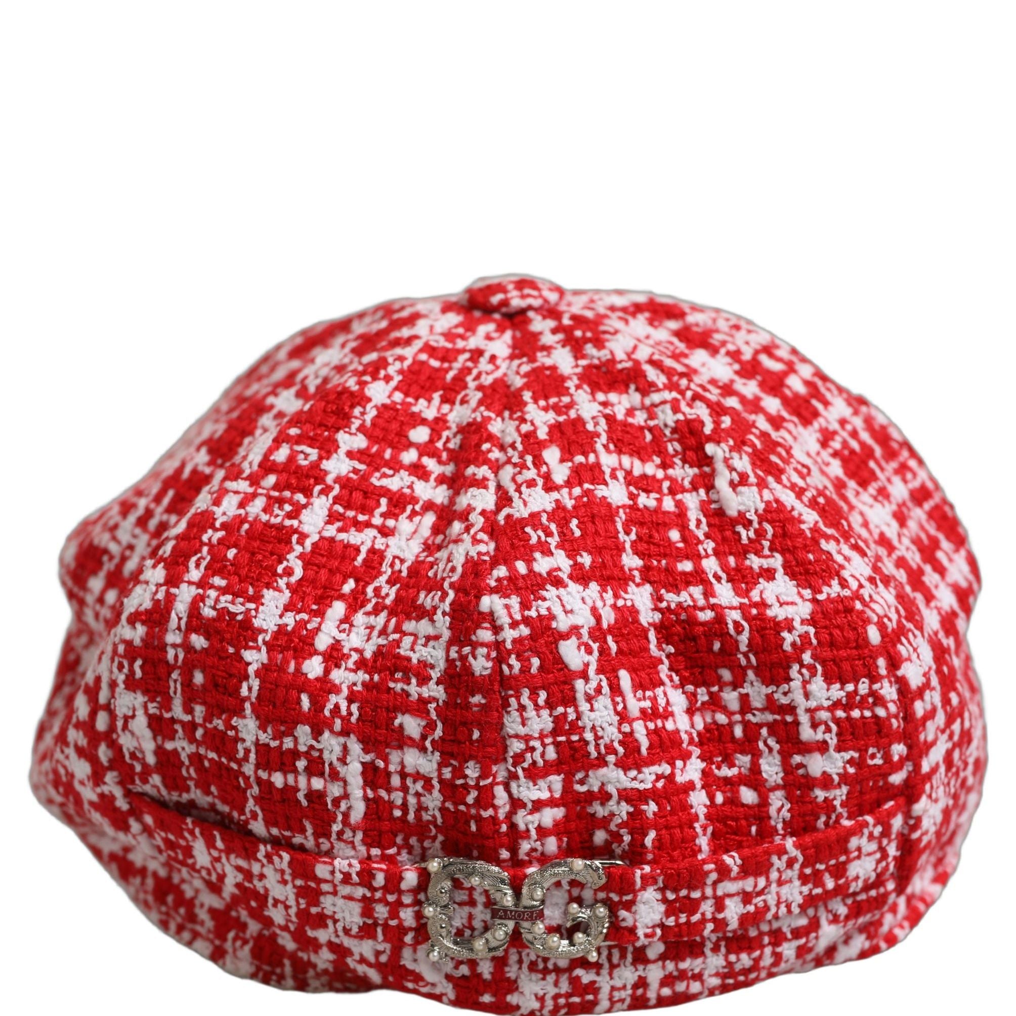 Dolce & Gabbana Red White Tweed Textured Baker Boy Capello Hat