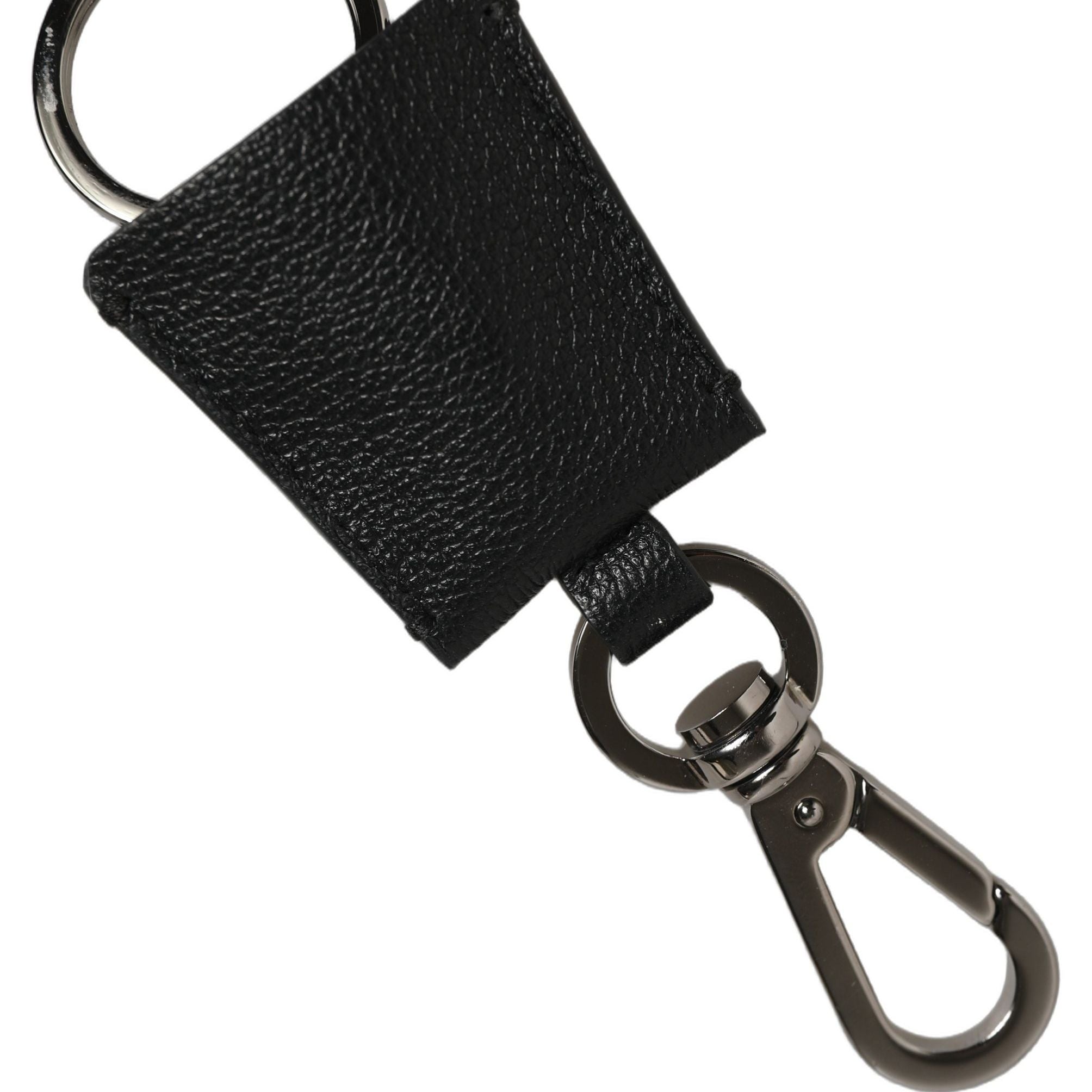 Dolce & Gabbana Black Dauphine Leather Silver Metal Logo Plaque Keyring