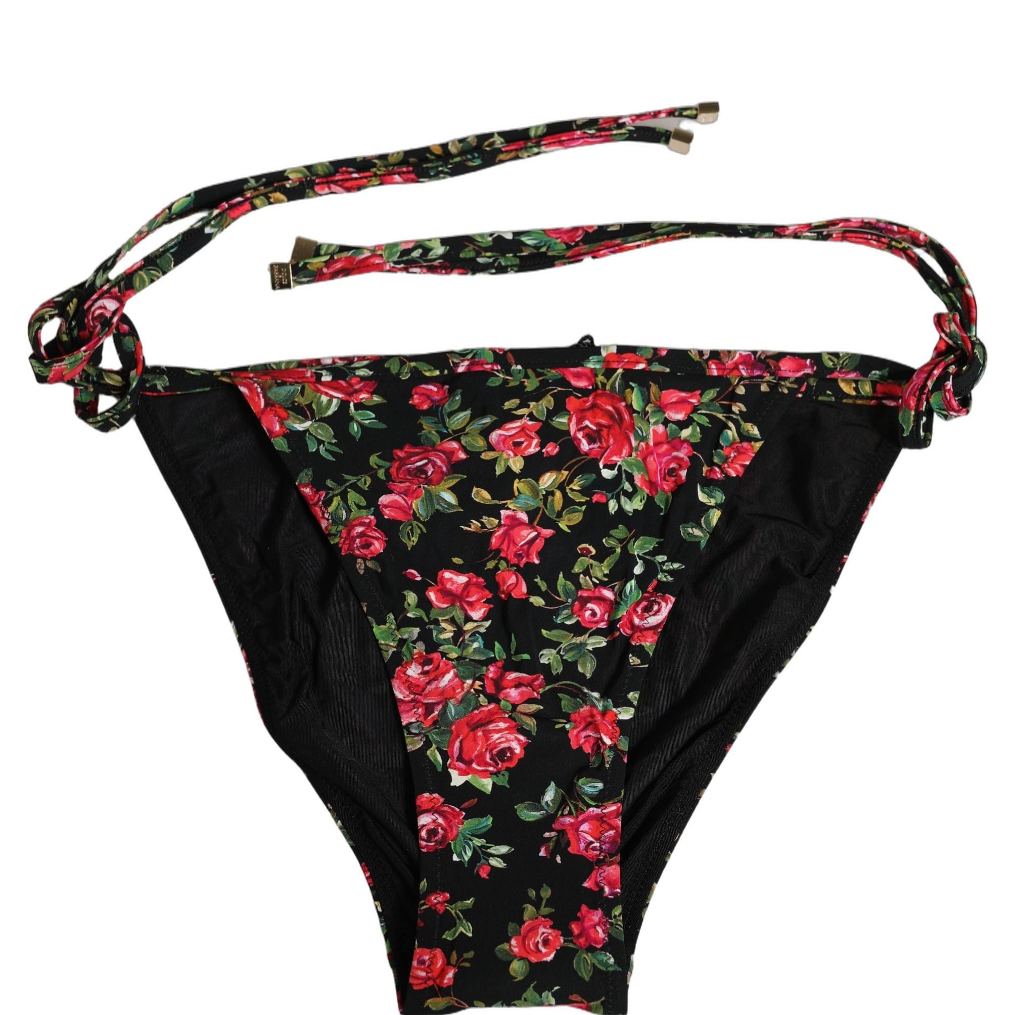 Dolce & Gabbana Black Floral Print Nylon Beachwear Bikini Bottom