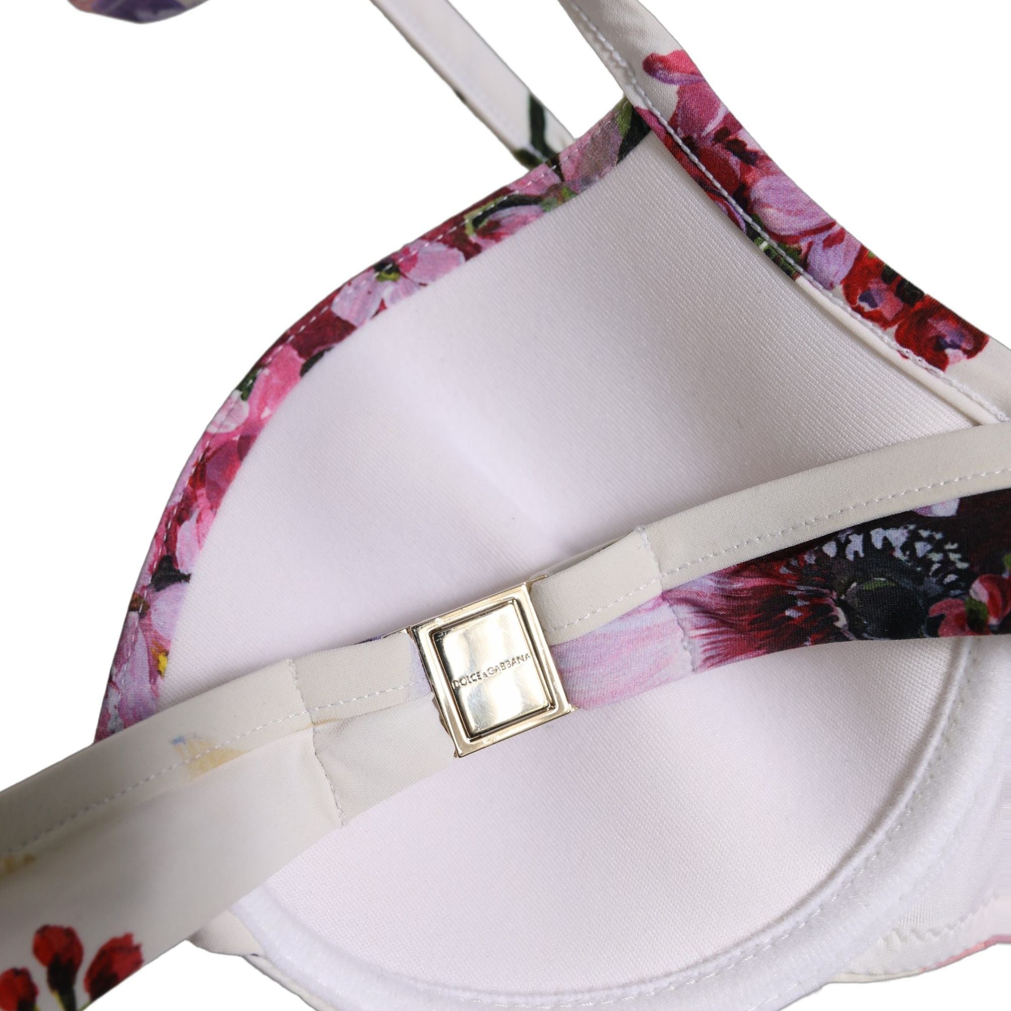 Dolce & Gabbana White Floral Print Nylon Beachwear Bikini Top