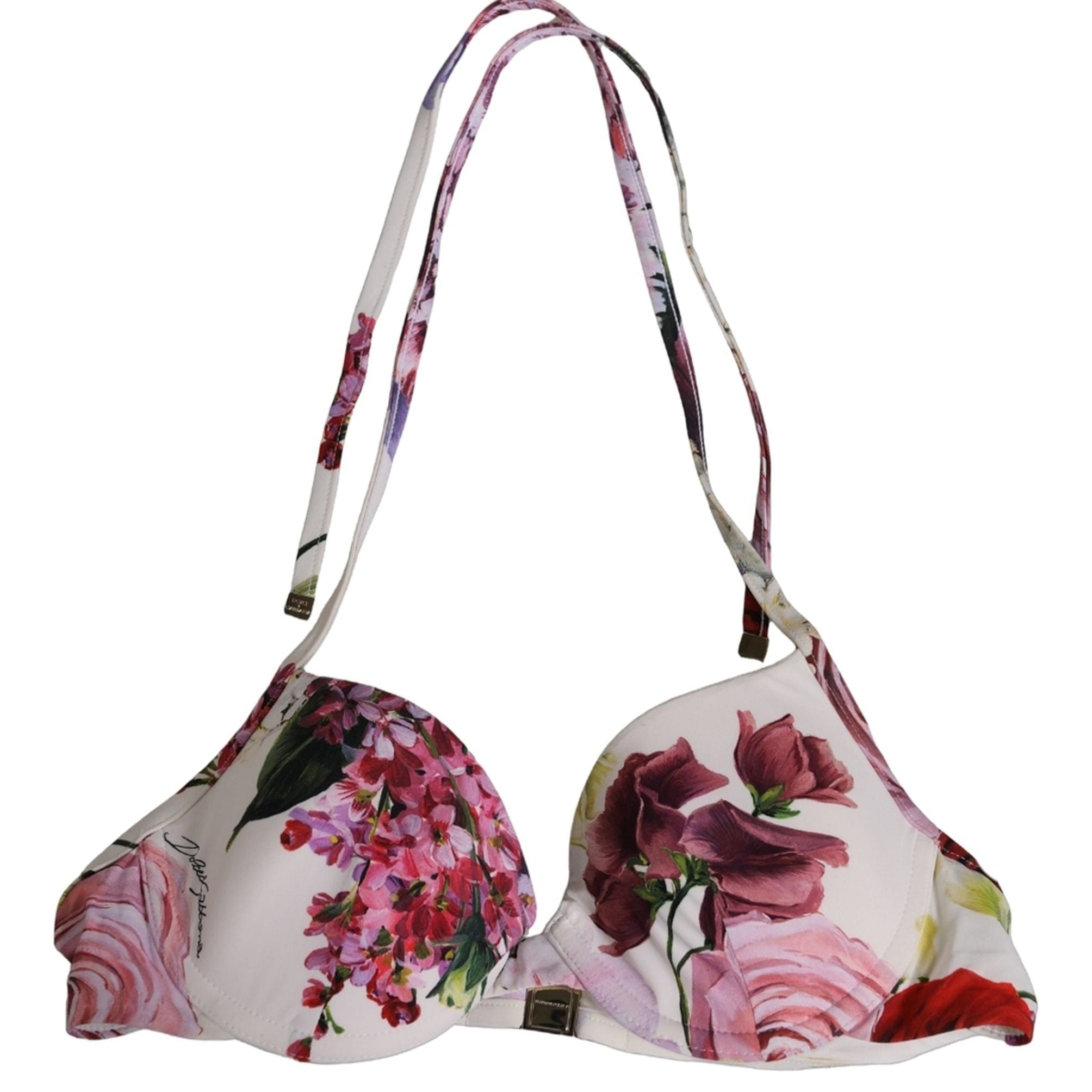 Dolce & Gabbana White Floral Print Nylon Beachwear Bikini Top