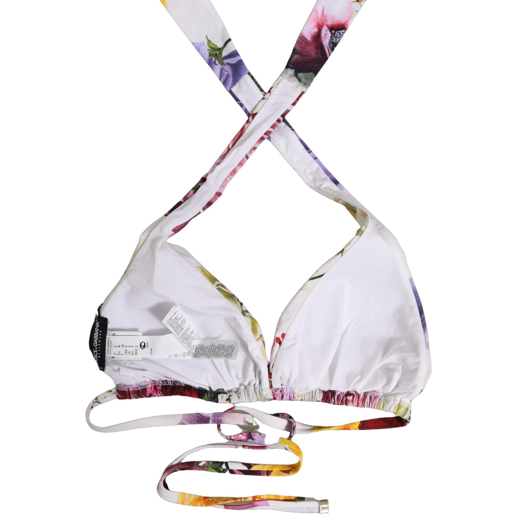 Dolce & Gabbana White Floral Print Triangle Beachwear Bikini Top