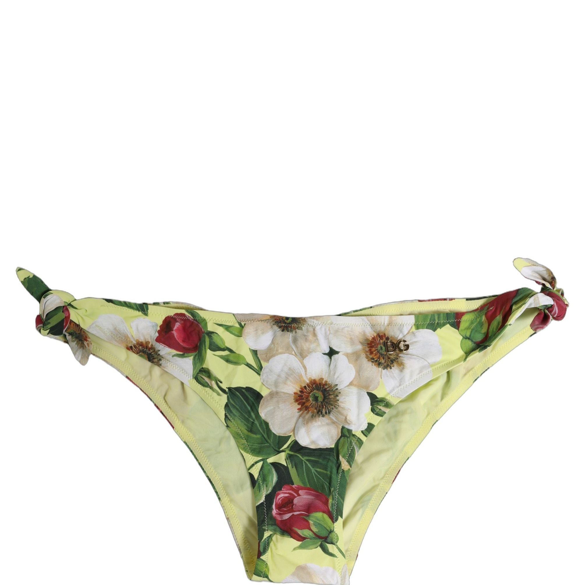 Dolce & Gabbana Yellow Floral Print Nylon Beachwear Bikini Bottom