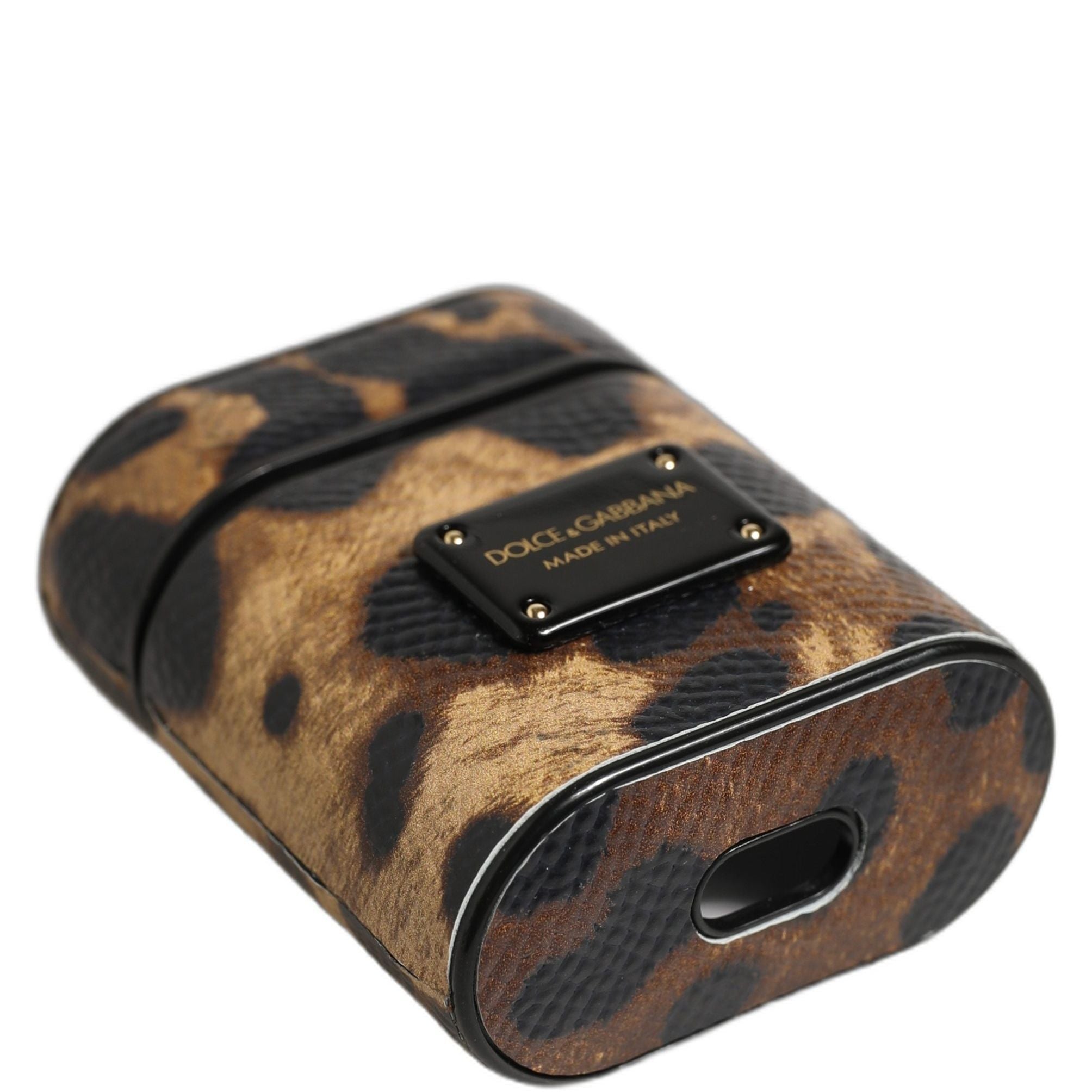Dolce & Gabbana Brown Leopard Calf Leather Metal Logo Plaque Airpods Case