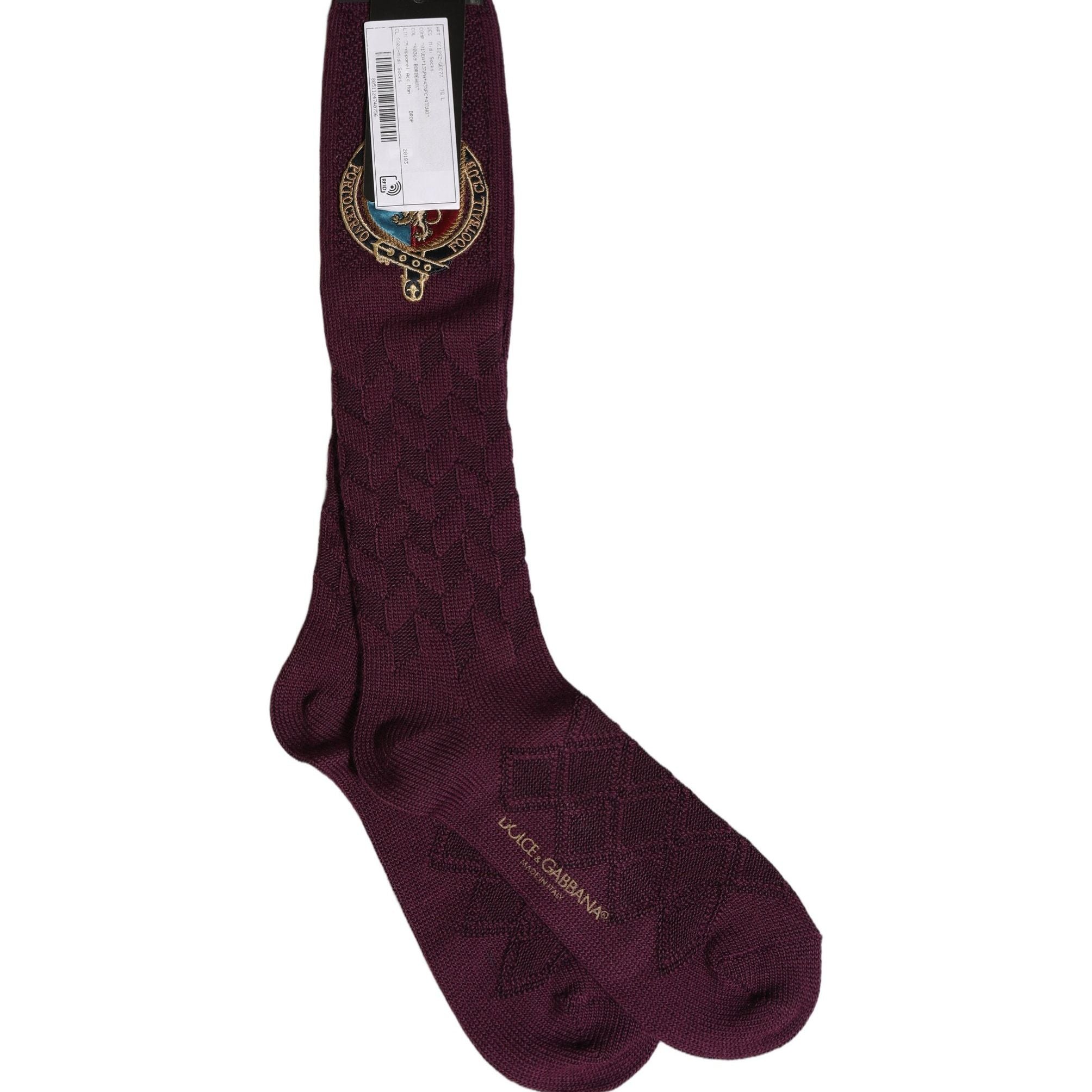 Dolce & Gabbana Burgundy Wool Crest Logo Knee High Accessory Socks