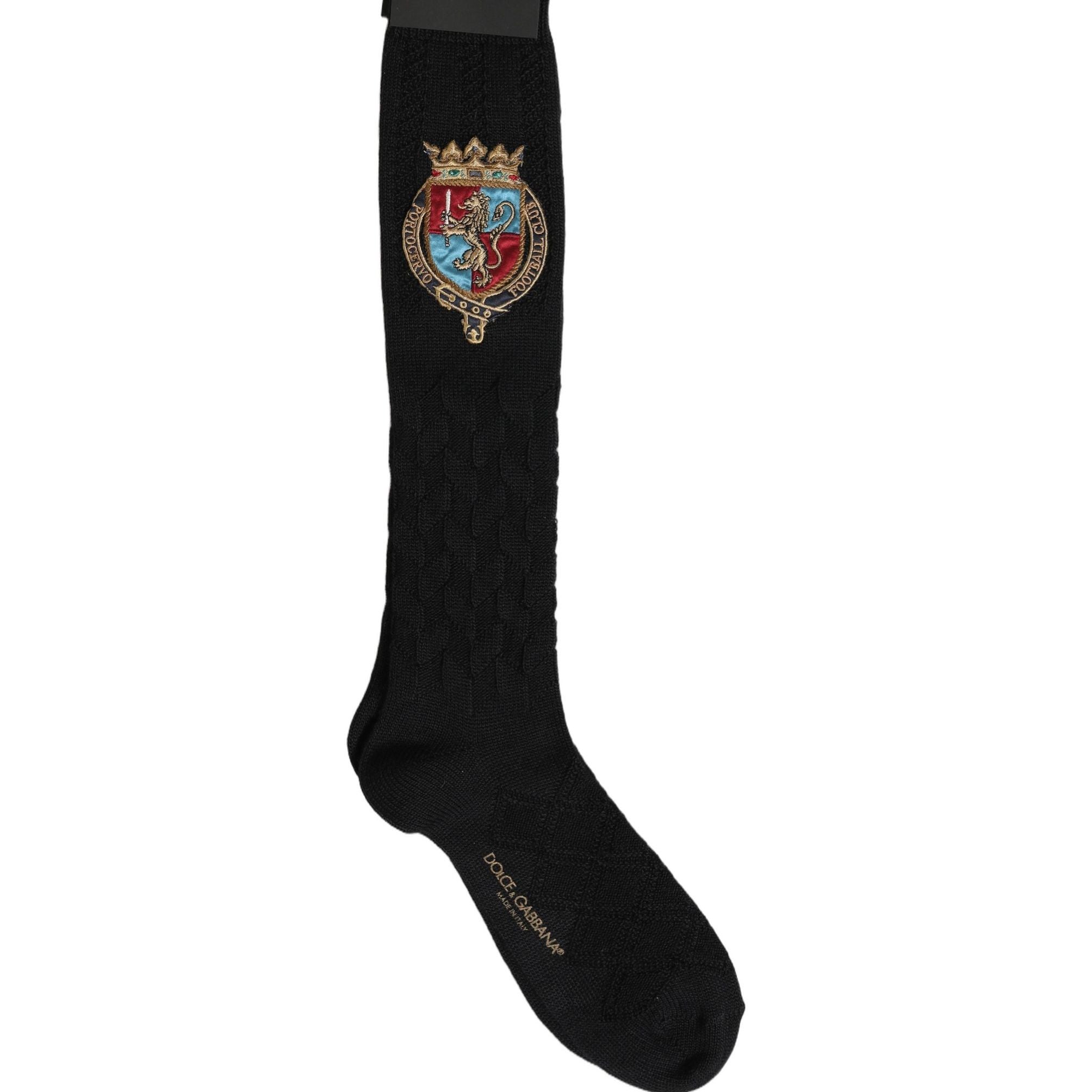 Dolce & Gabbana Men Black Wool Crest Logo Knee High Accessory Socks