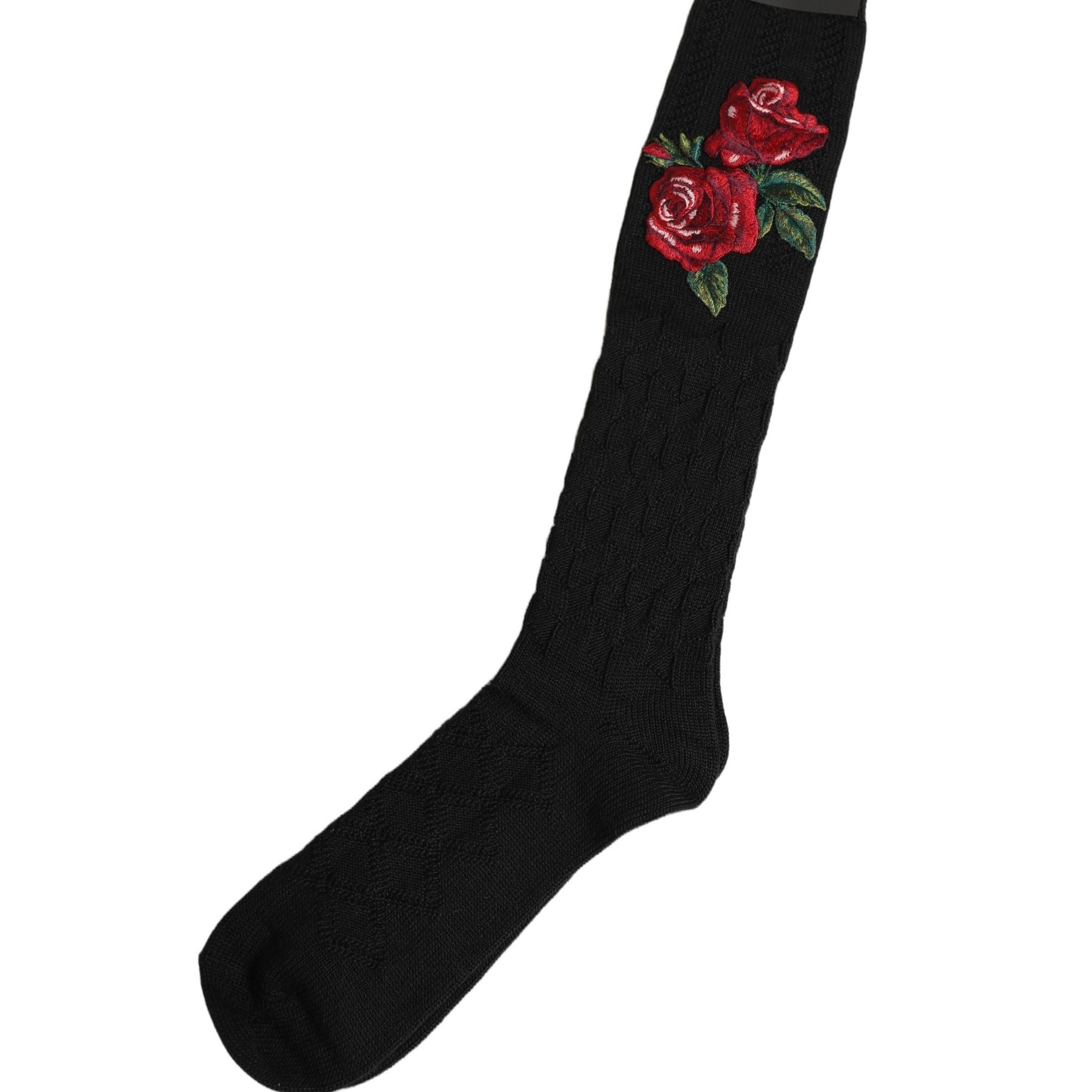 Dolce & Gabbana Black Wool Floral Over The Calf Accessory Socks