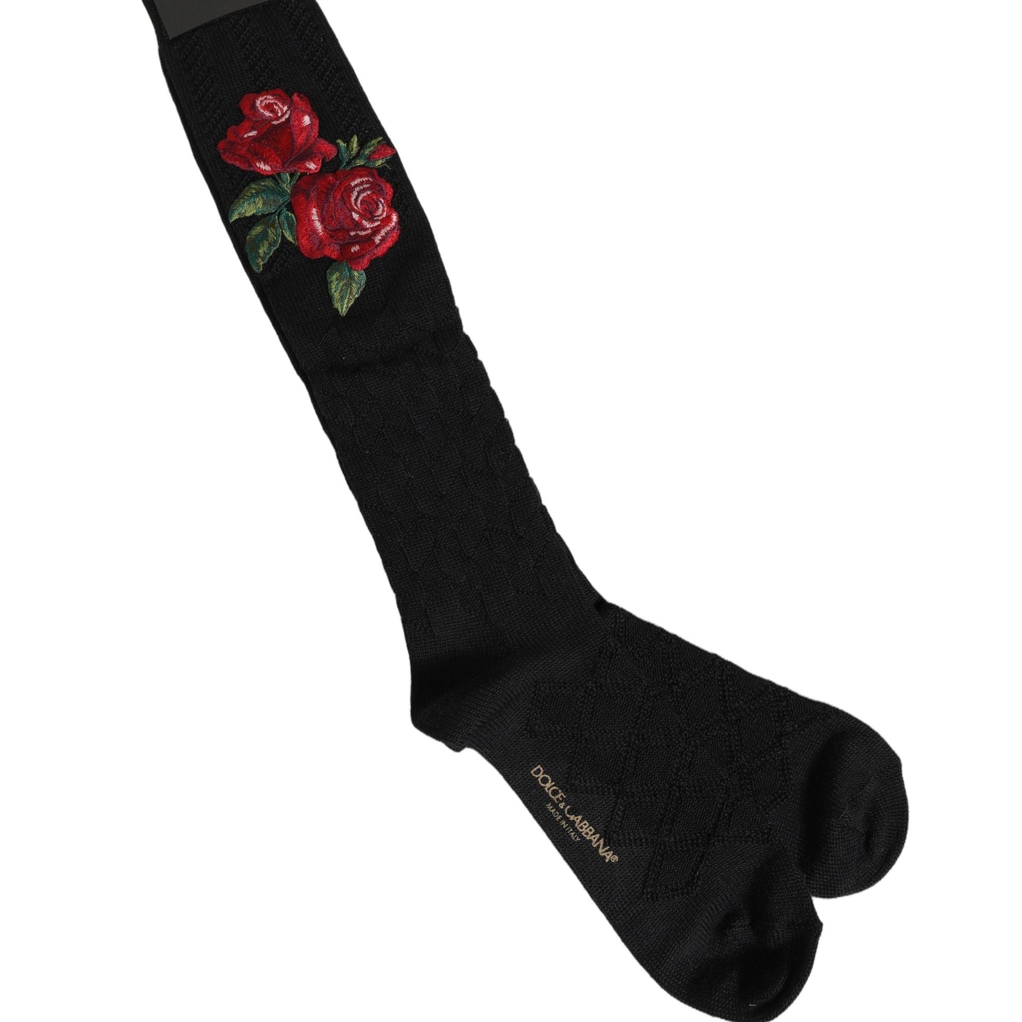 Dolce & Gabbana Black Wool Floral Over The Calf Accessory Socks