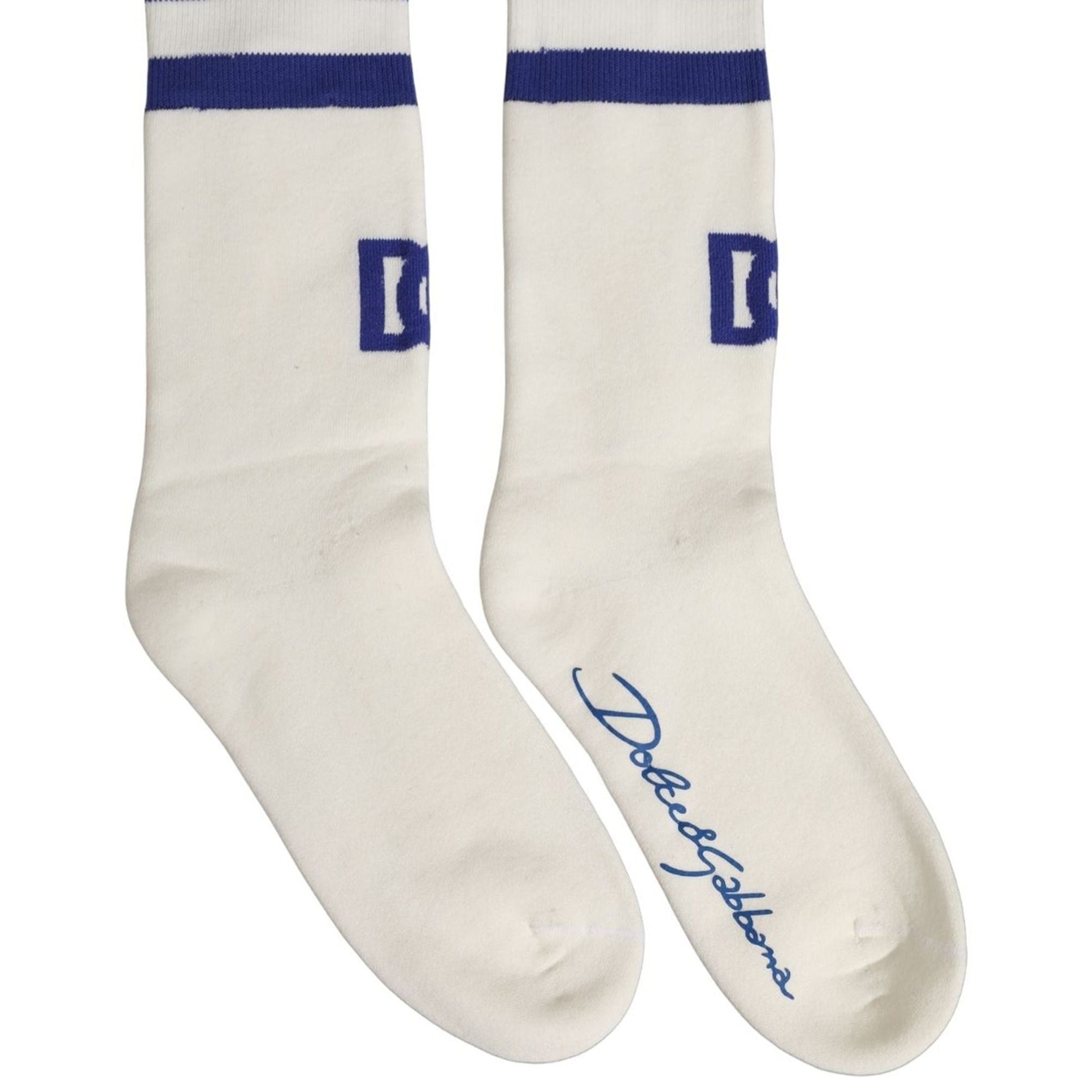 Dolce & Gabbana White Blue Cotton Logo Calf Women Accessory Socks