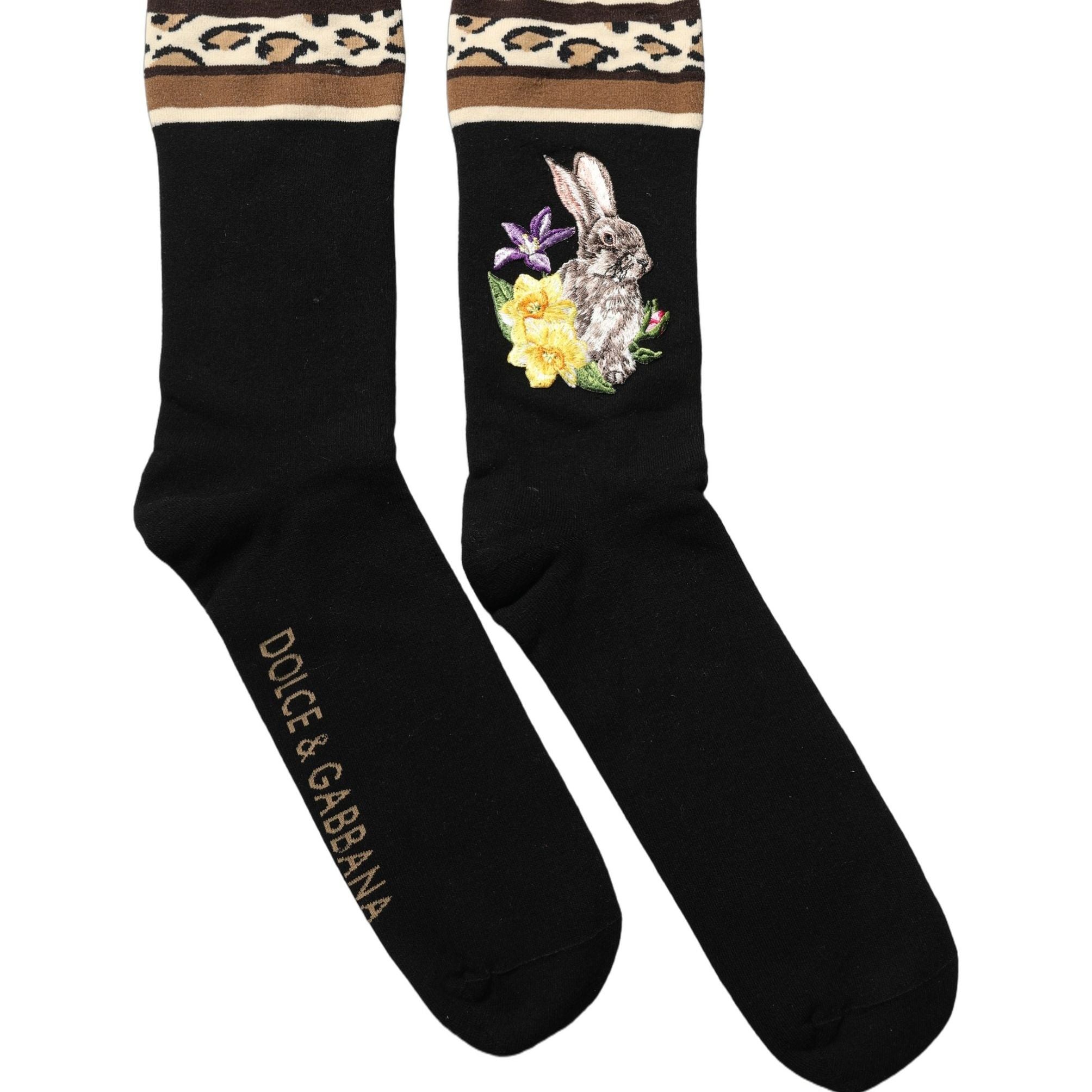 Dolce & Gabbana Black Rabbit Floral Wool Mid Calf Accessory Socks