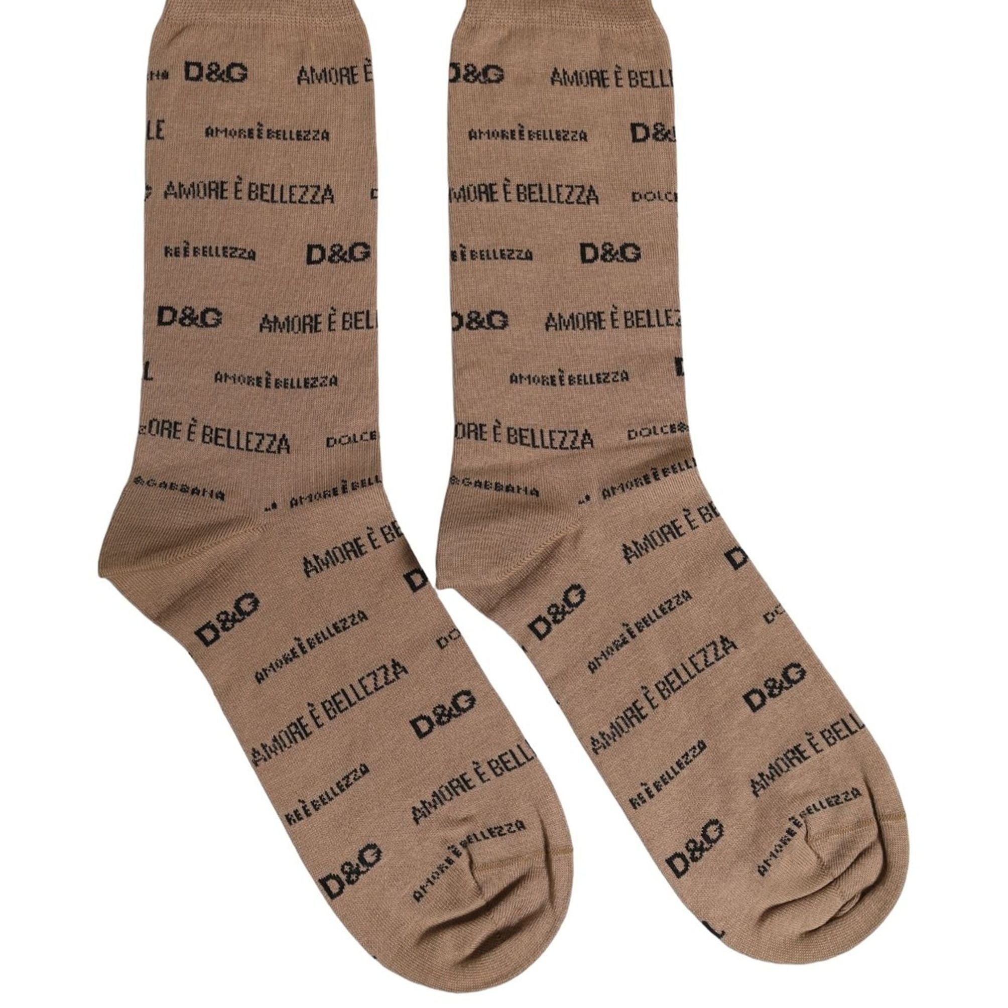 Dolce & Gabbana Brown Cotton Logo Print Mid Calf Accessory Socks