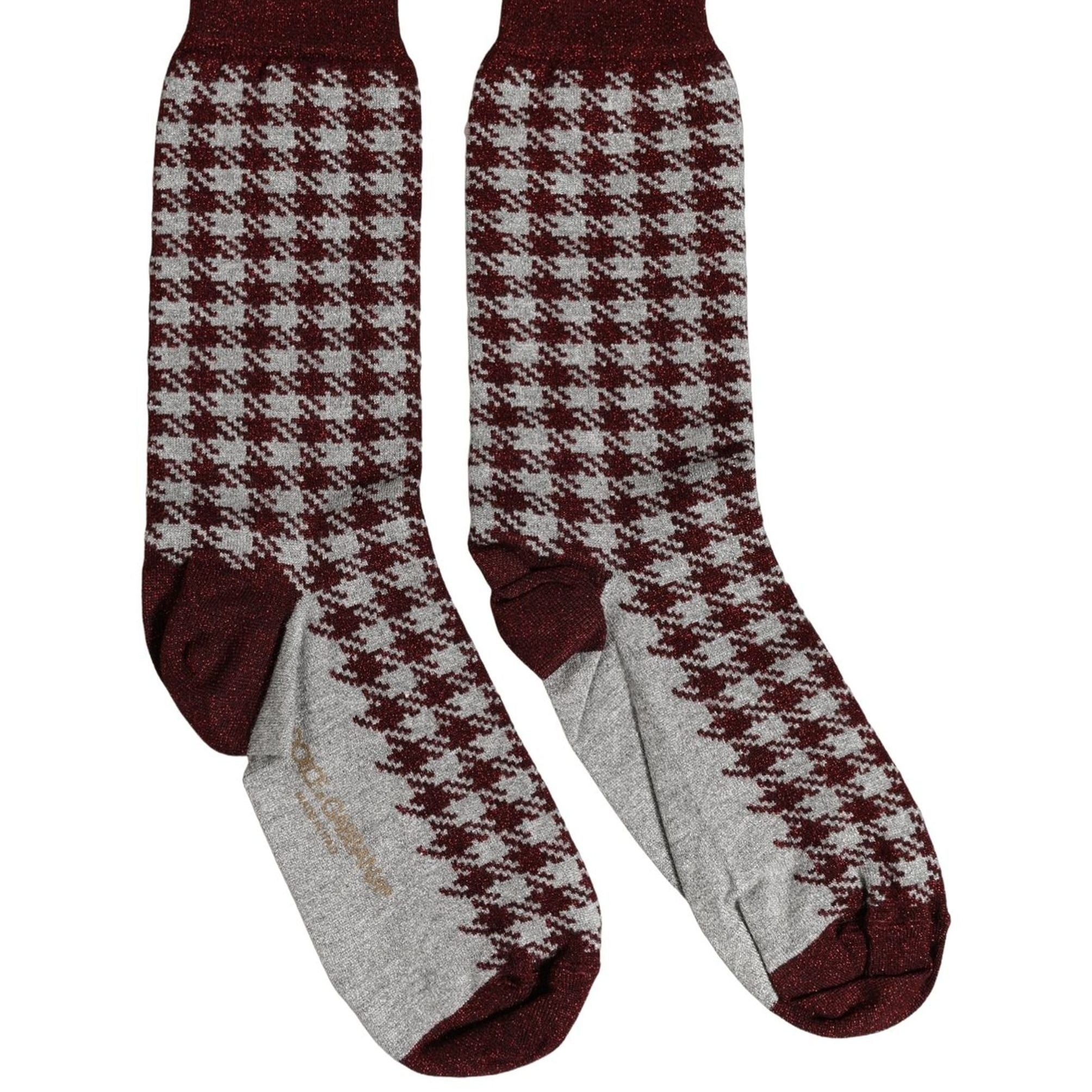 Dolce & Gabbana Maroon Gray Houndstooth Mid Calf Accessory Socks
