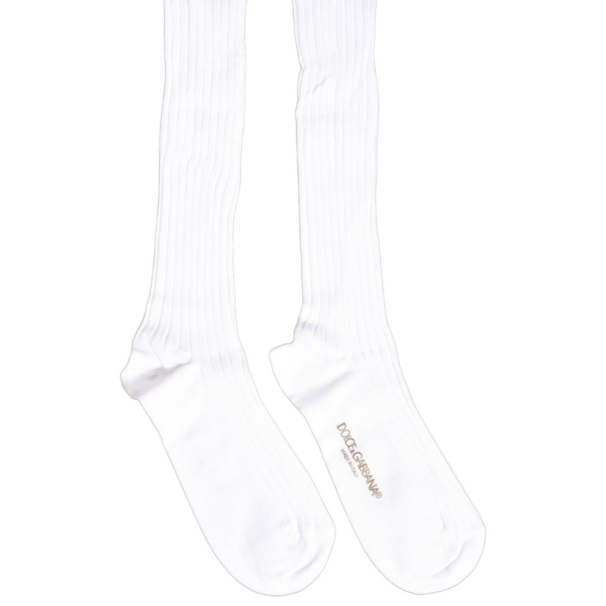Dolce & Gabbana White Cotton Ribbed Logo Over The Calf Women Socks