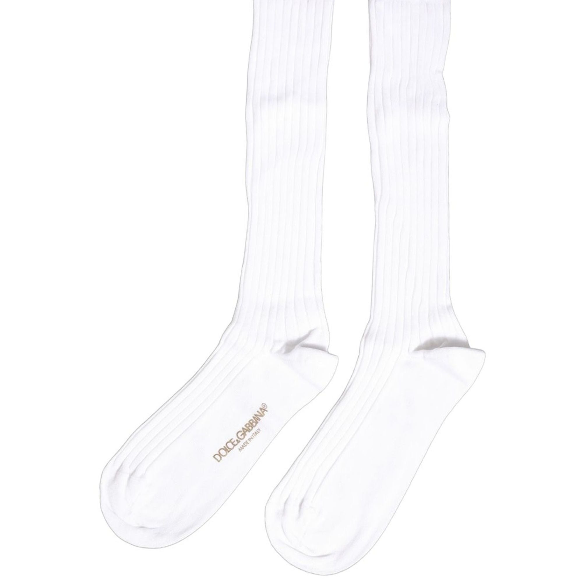 Dolce & Gabbana White Cotton Ribbed Logo Over The Calf Women Socks