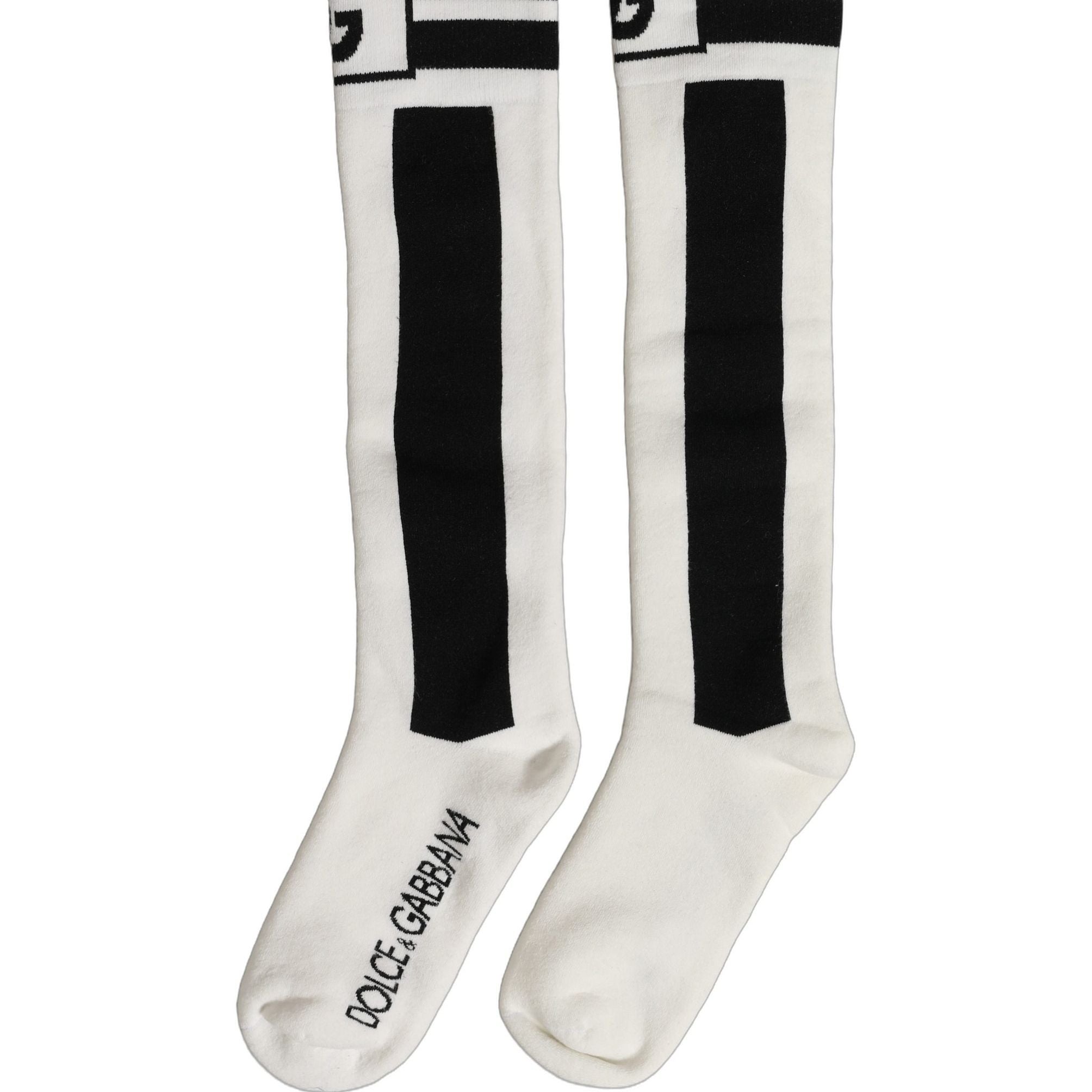 Dolce & Gabbana White Black Cotton Stretch Knee High Socks
