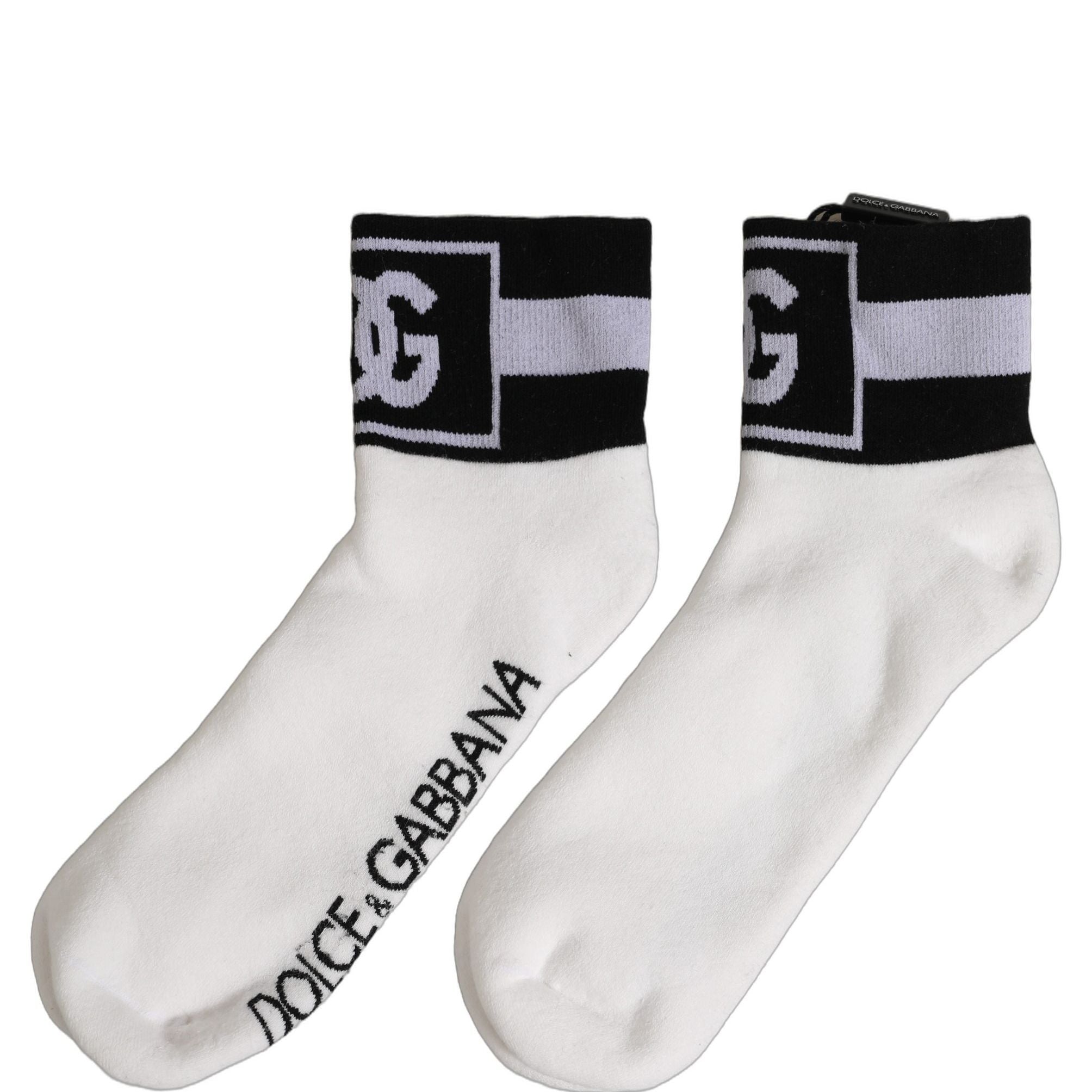 Dolce & Gabbana White Black Cotton Ankle Length DG Logo Socks