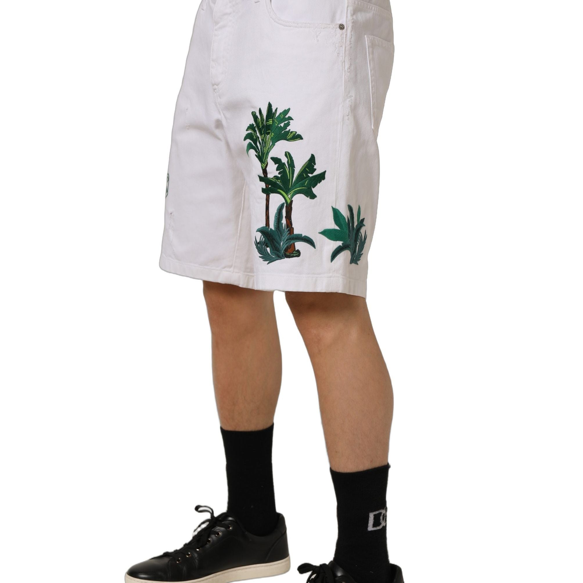 Dolce & Gabbana White Palm Embroidery Denim Bermuda Shorts