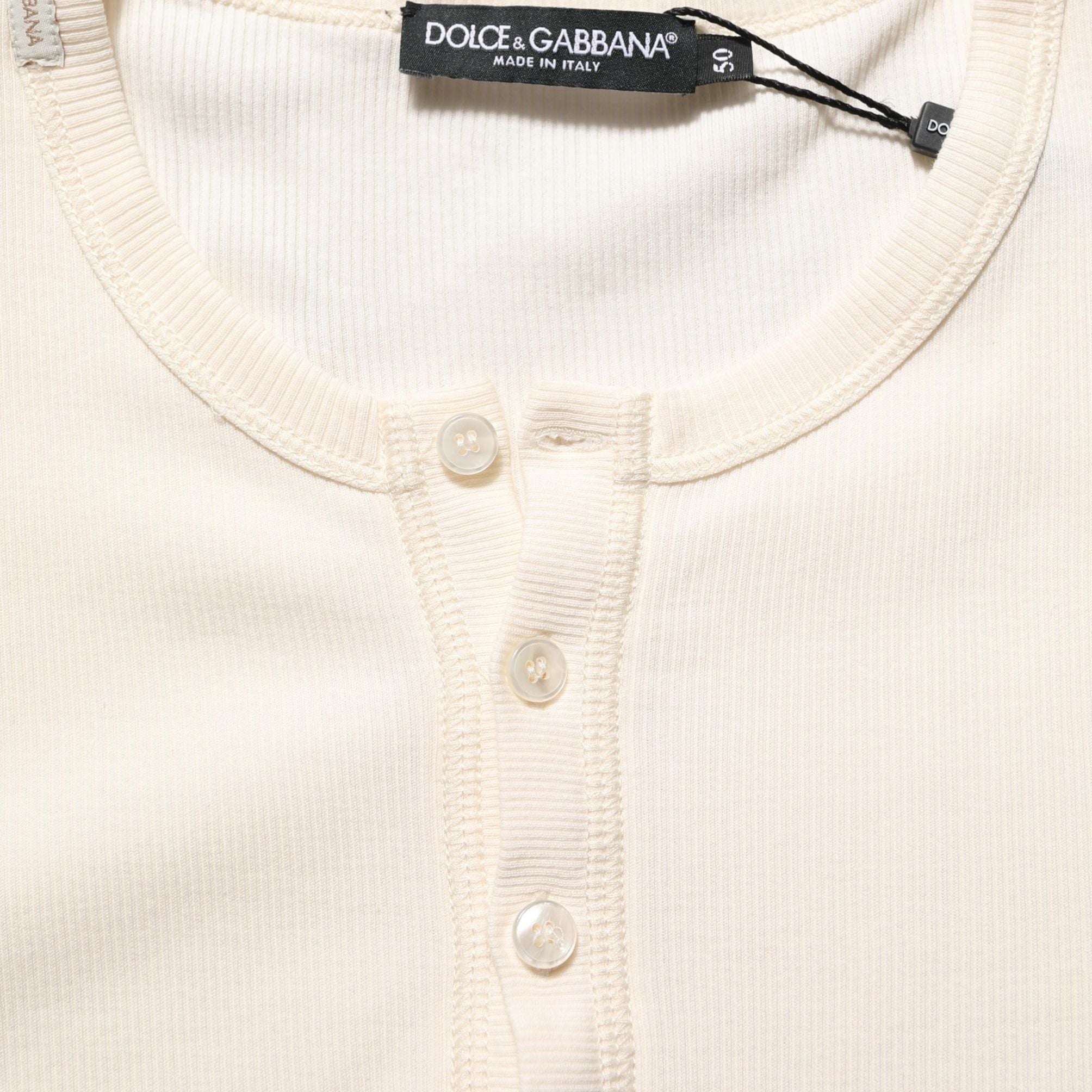 Dolce & Gabbana Off White Cotton Henley Long Sleeves T-shirt