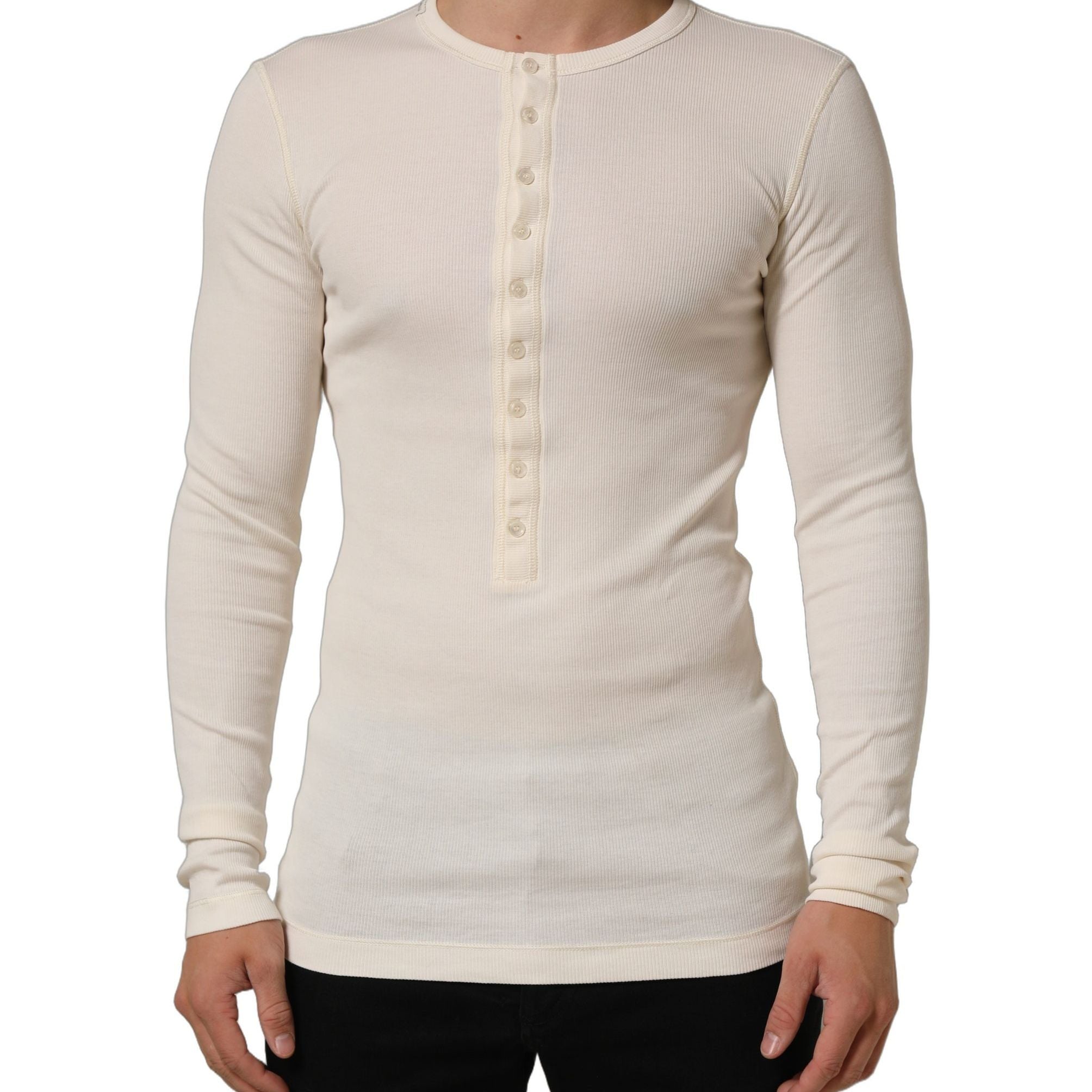 Dolce & Gabbana Off White Cotton Henley Long Sleeves T-shirt
