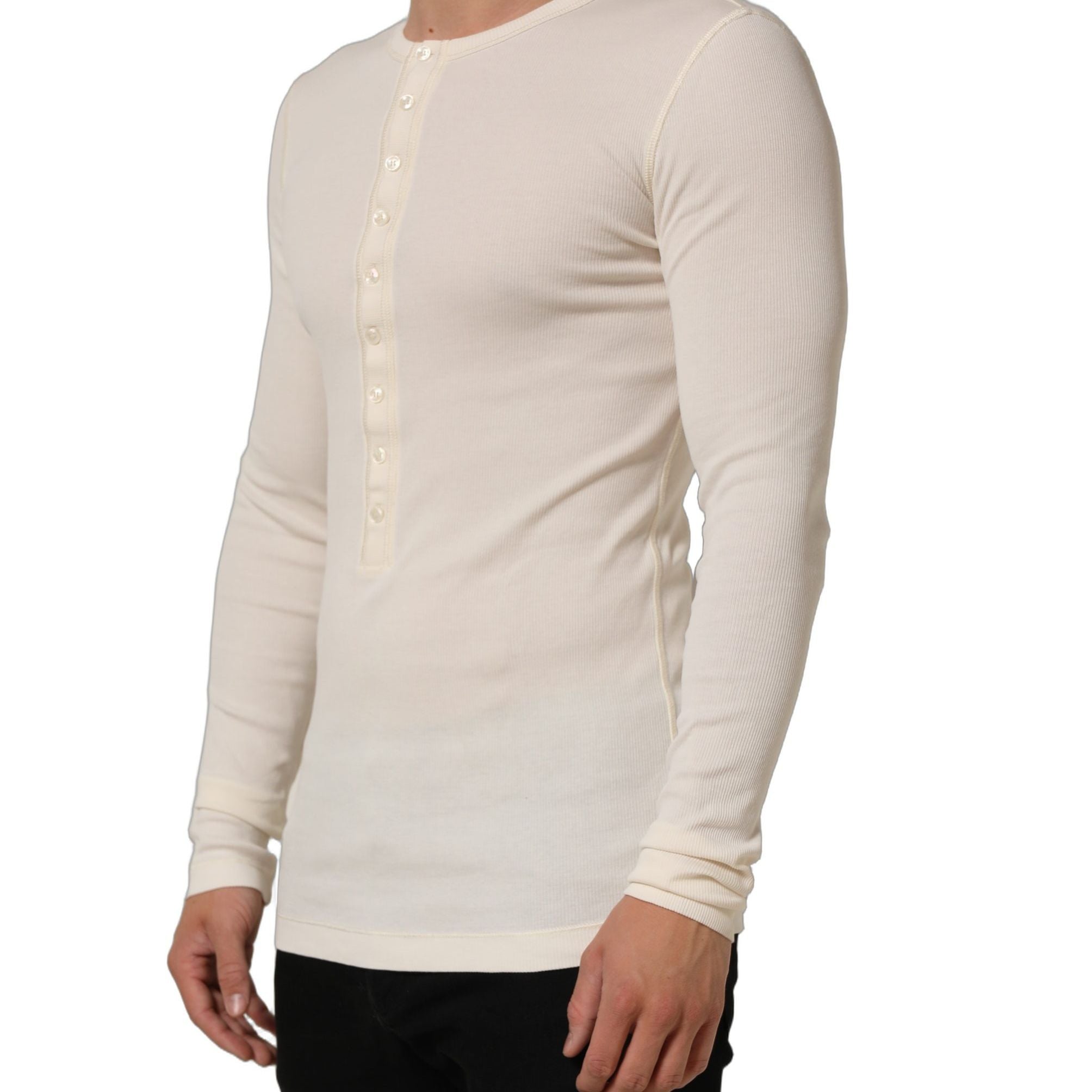 Dolce & Gabbana Off White Cotton Henley Long Sleeves T-shirt