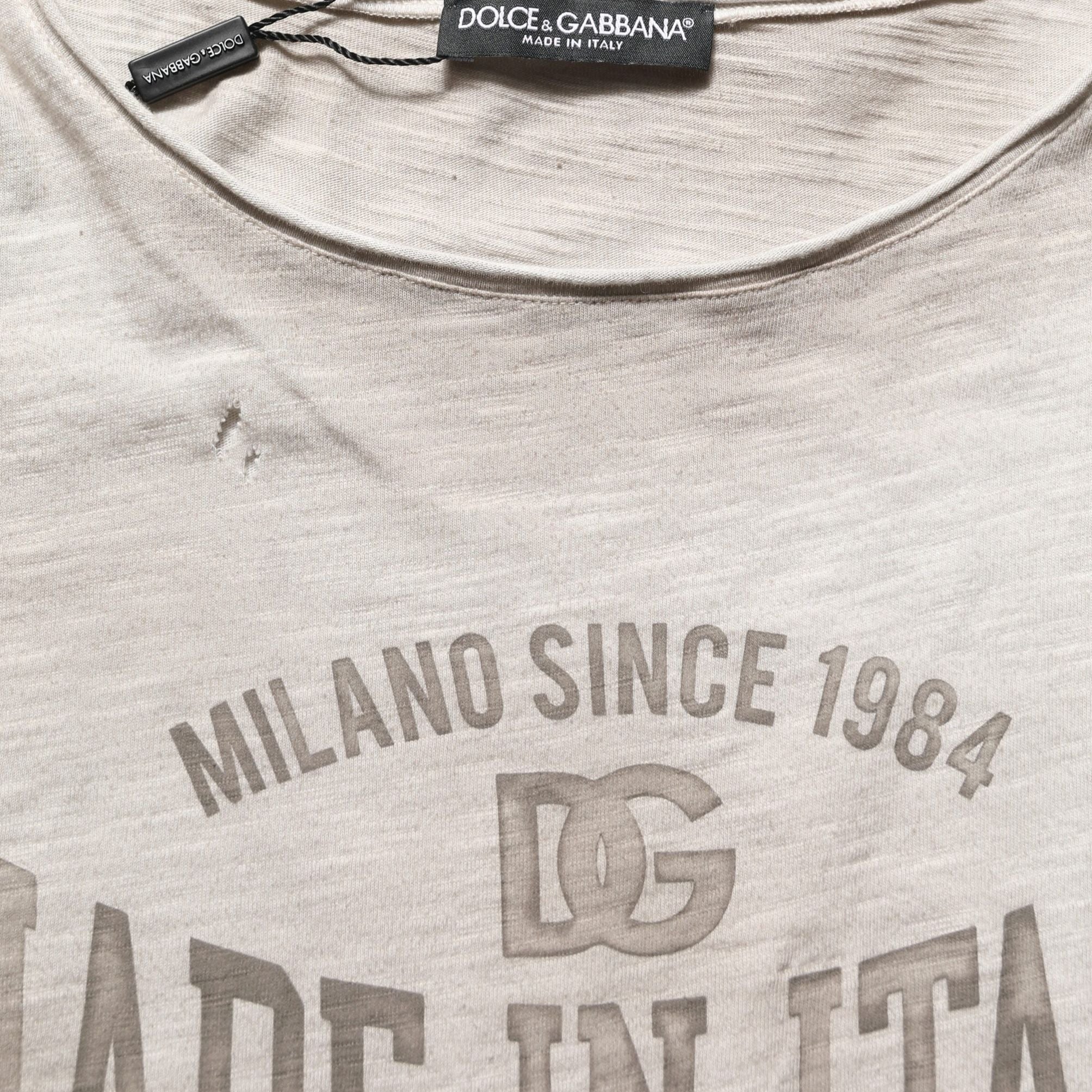 Dolce & Gabbana Light Gray Graphic Print Distressed T-shirt