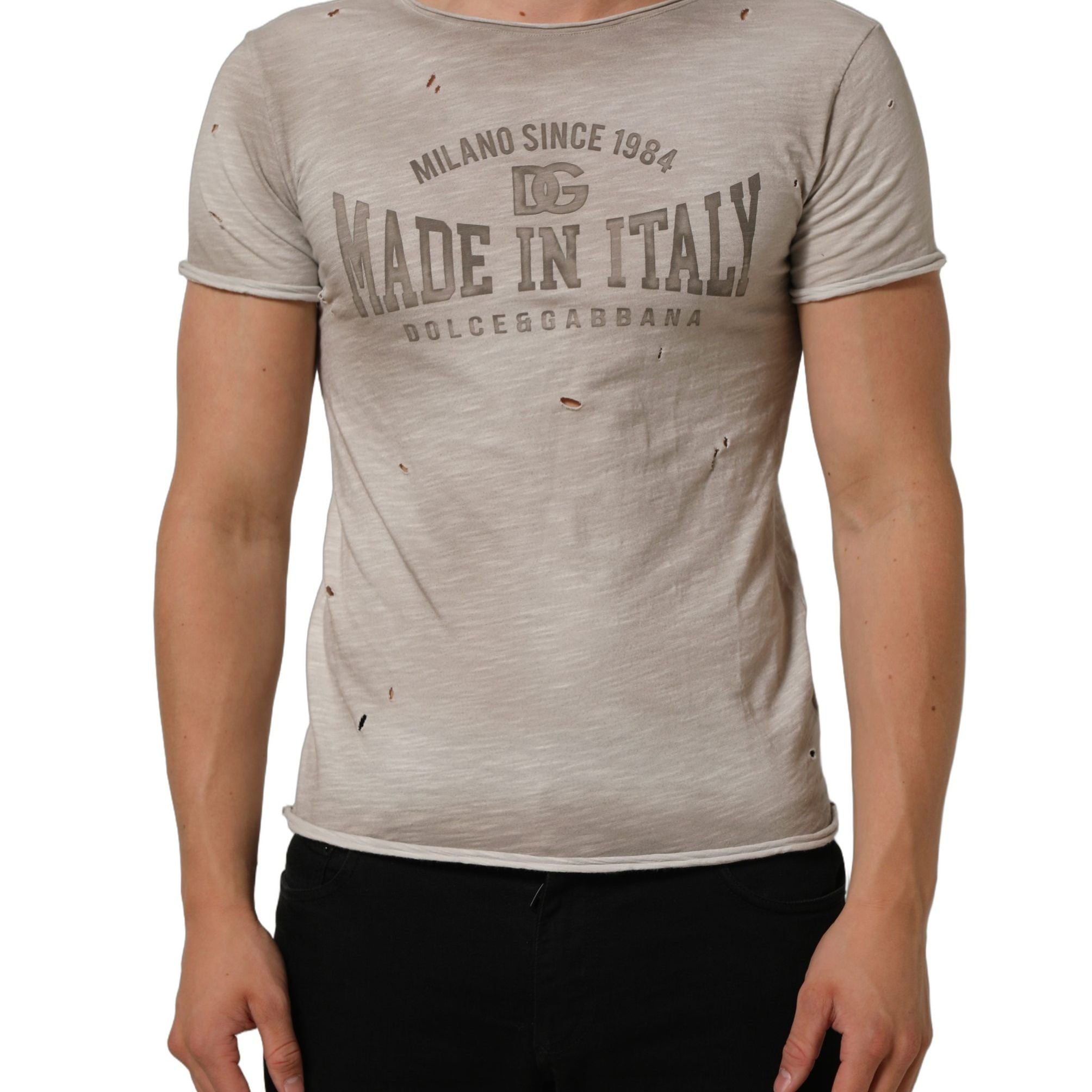 Dolce & Gabbana Light Gray Graphic Print Distressed T-shirt