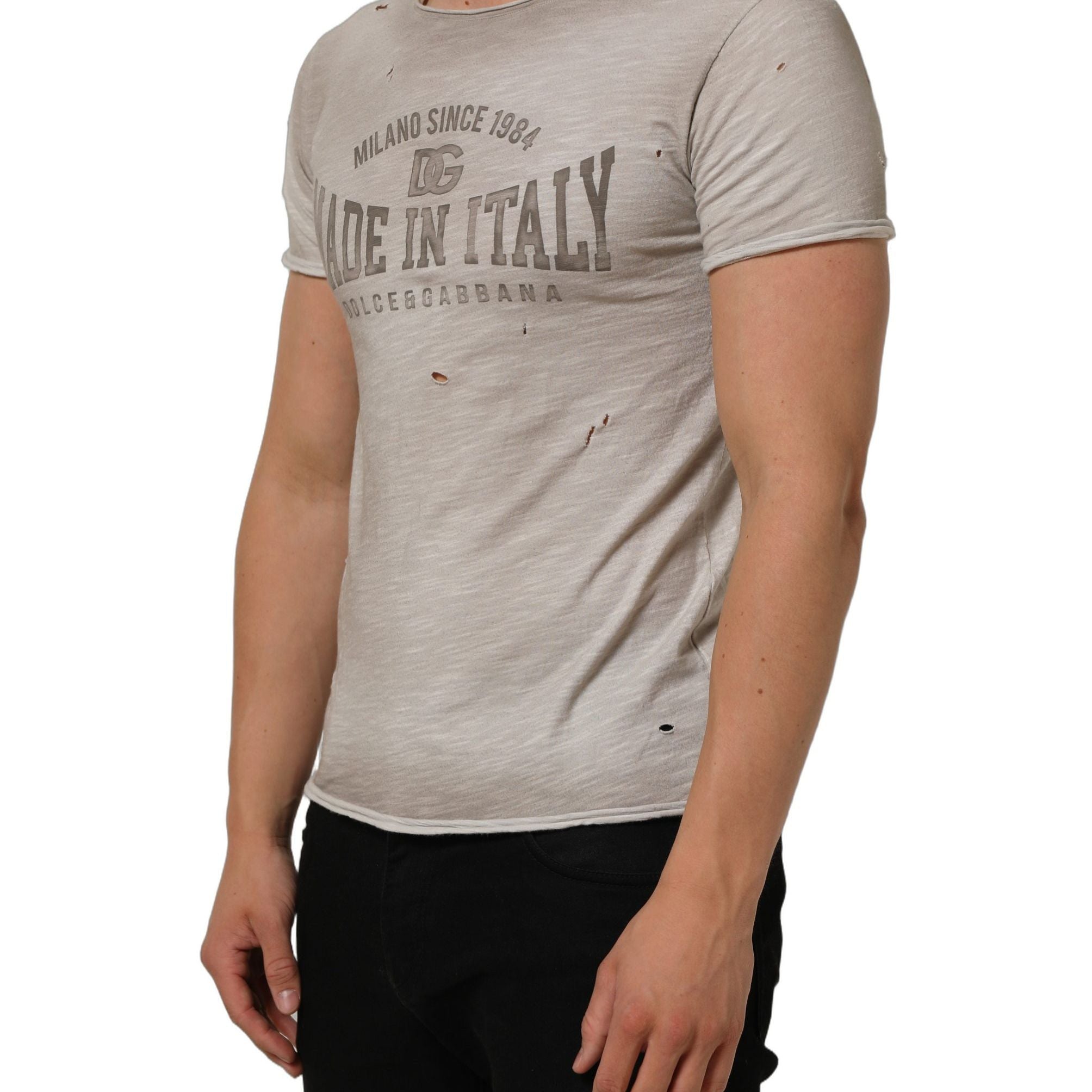 Dolce & Gabbana Light Gray Graphic Print Distressed T-shirt