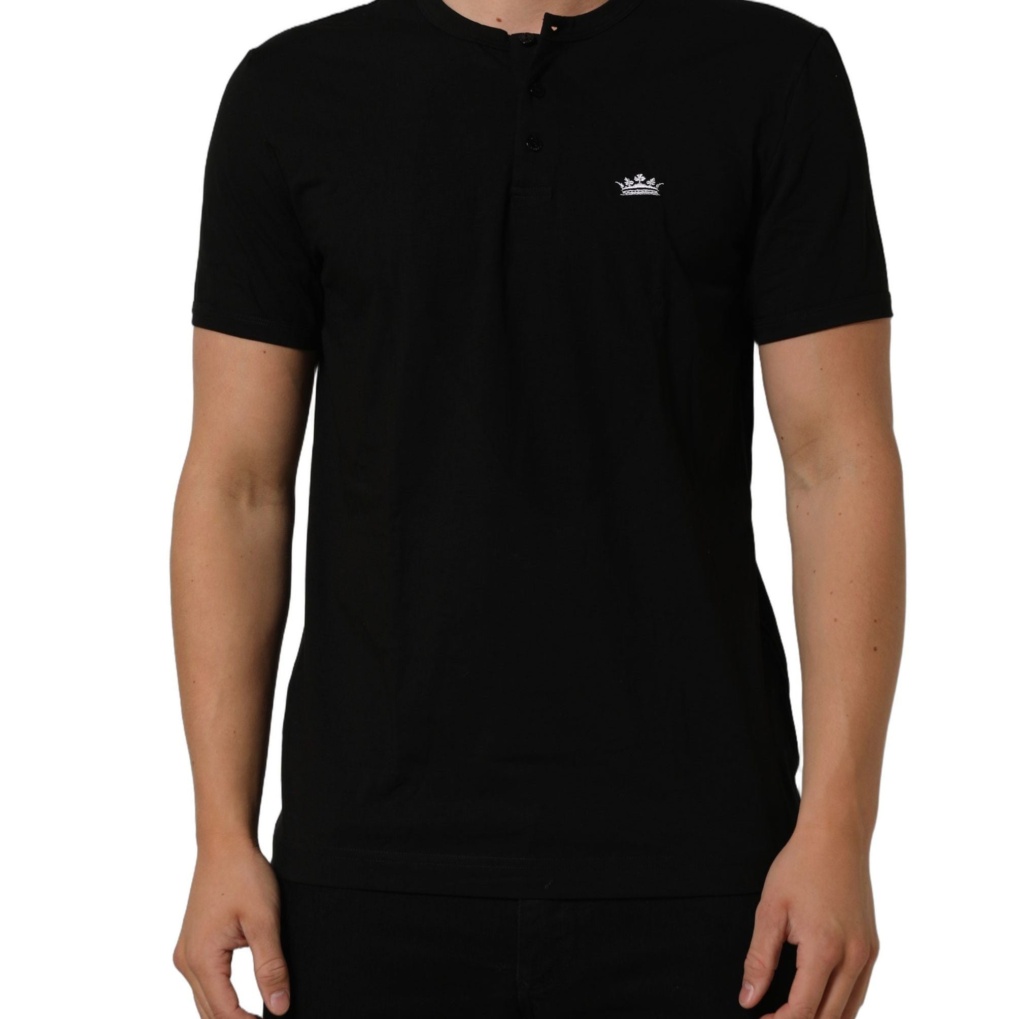 Dolce & Gabbana Black Crown Short Sleeved Henley Men T-shirt