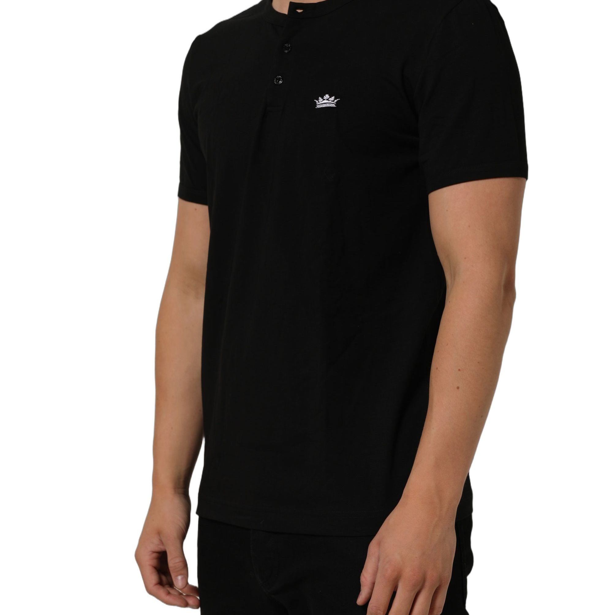Dolce & Gabbana Black Crown Short Sleeved Henley Men T-shirt