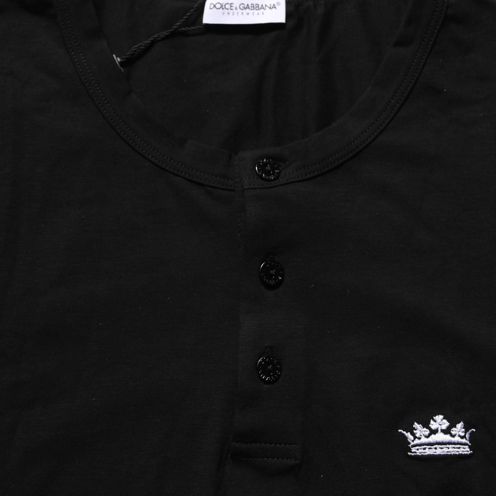 Dolce & Gabbana Black Crown Short Sleeved Henley Men T-shirt