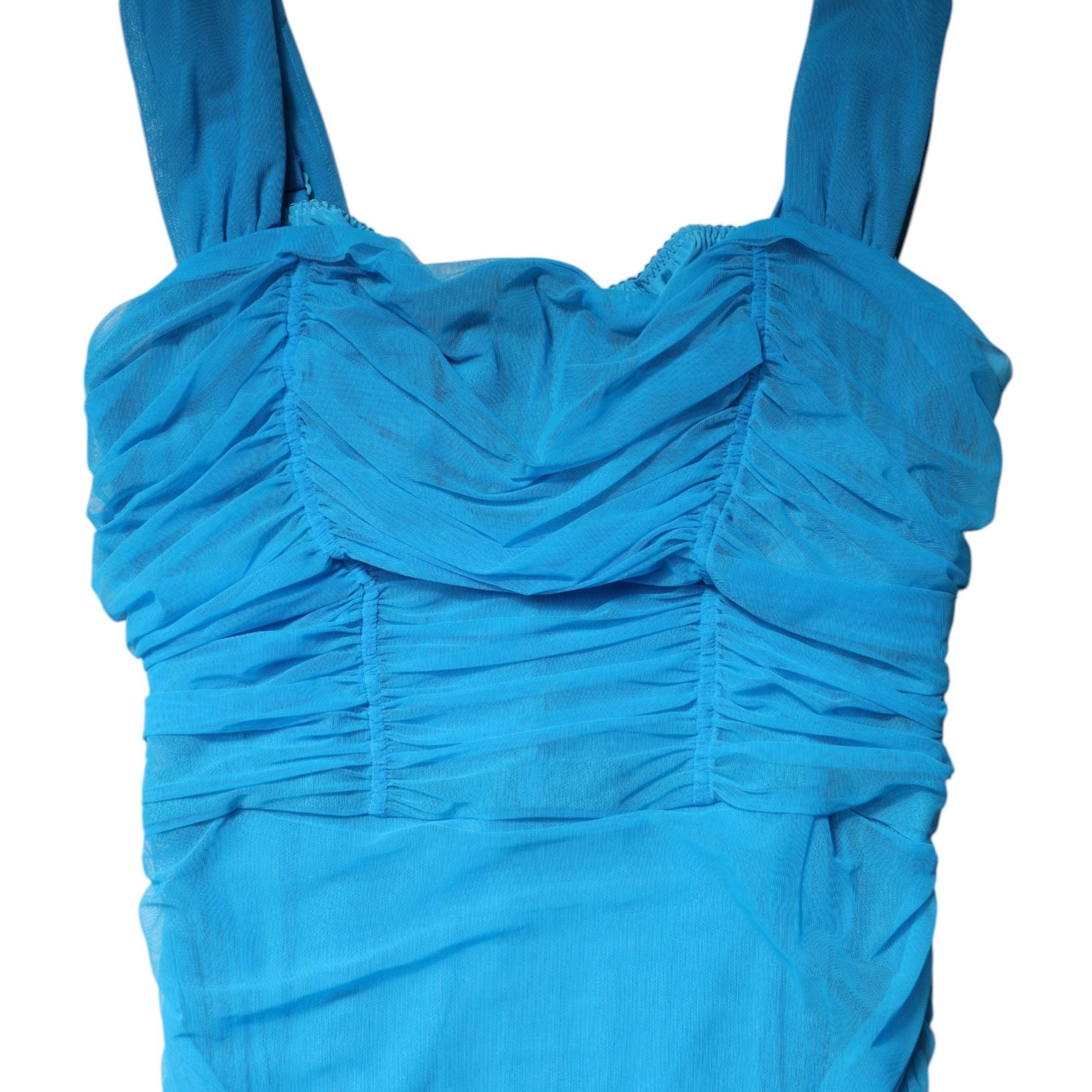 Dolce & Gabbana Blue Ruched Tulle Midi Square Neck Dress