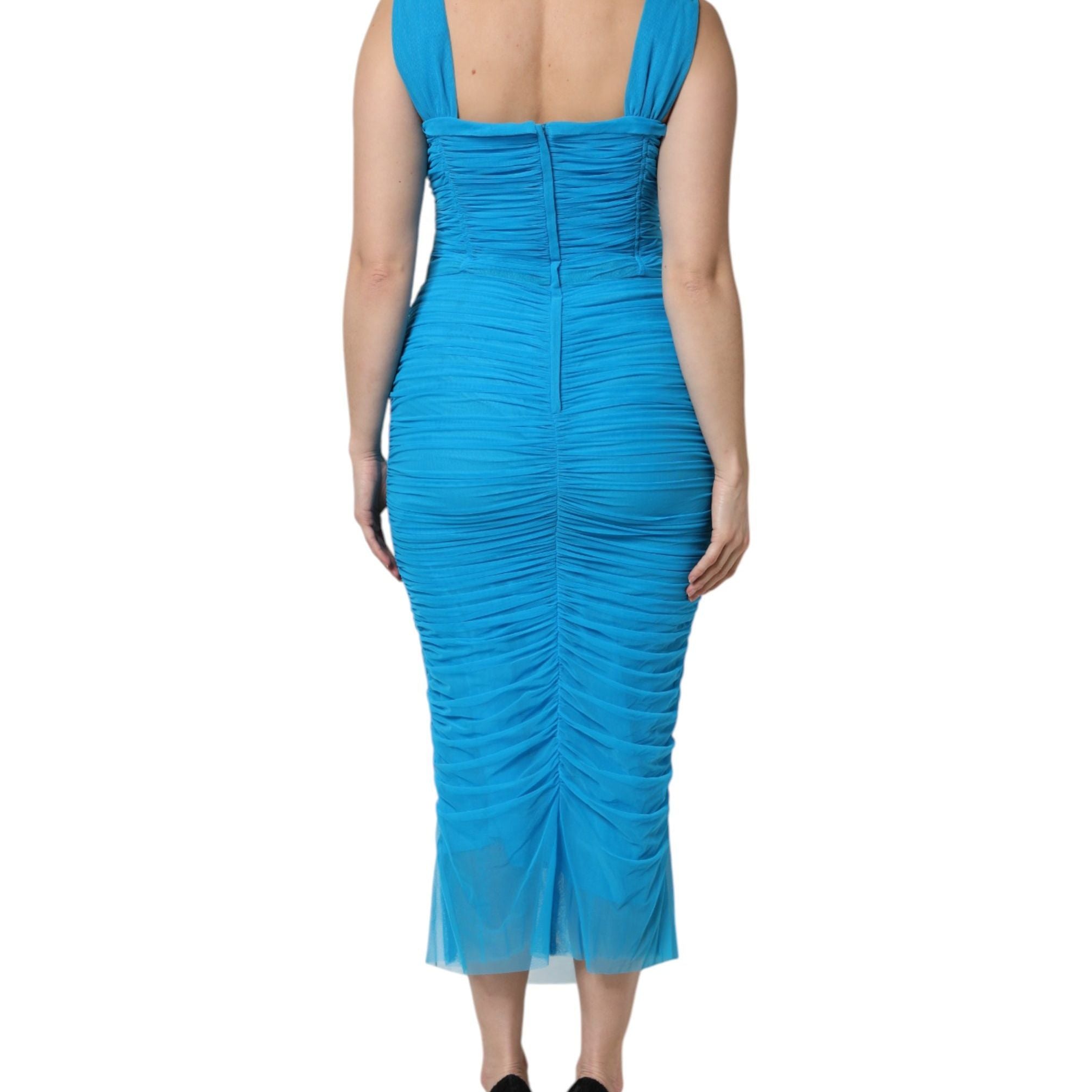Dolce & Gabbana Blue Ruched Tulle Midi Square Neck Dress