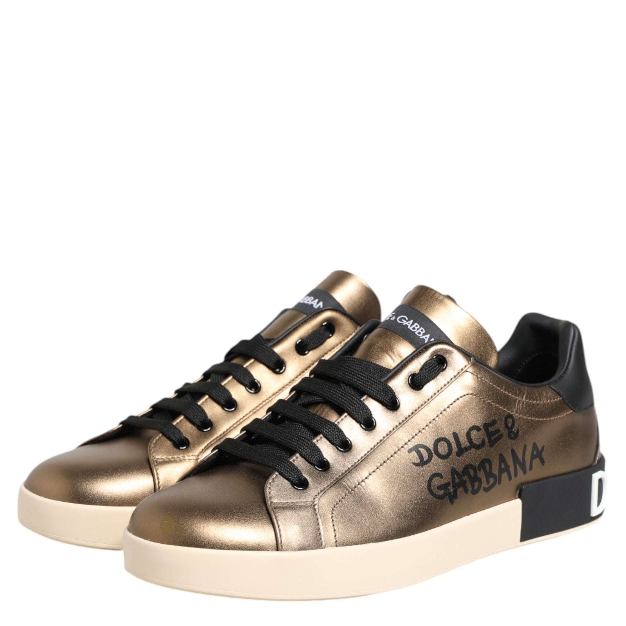 Dolce & Gabbana Gold Portofino Calf Leather Sneakers Shoes