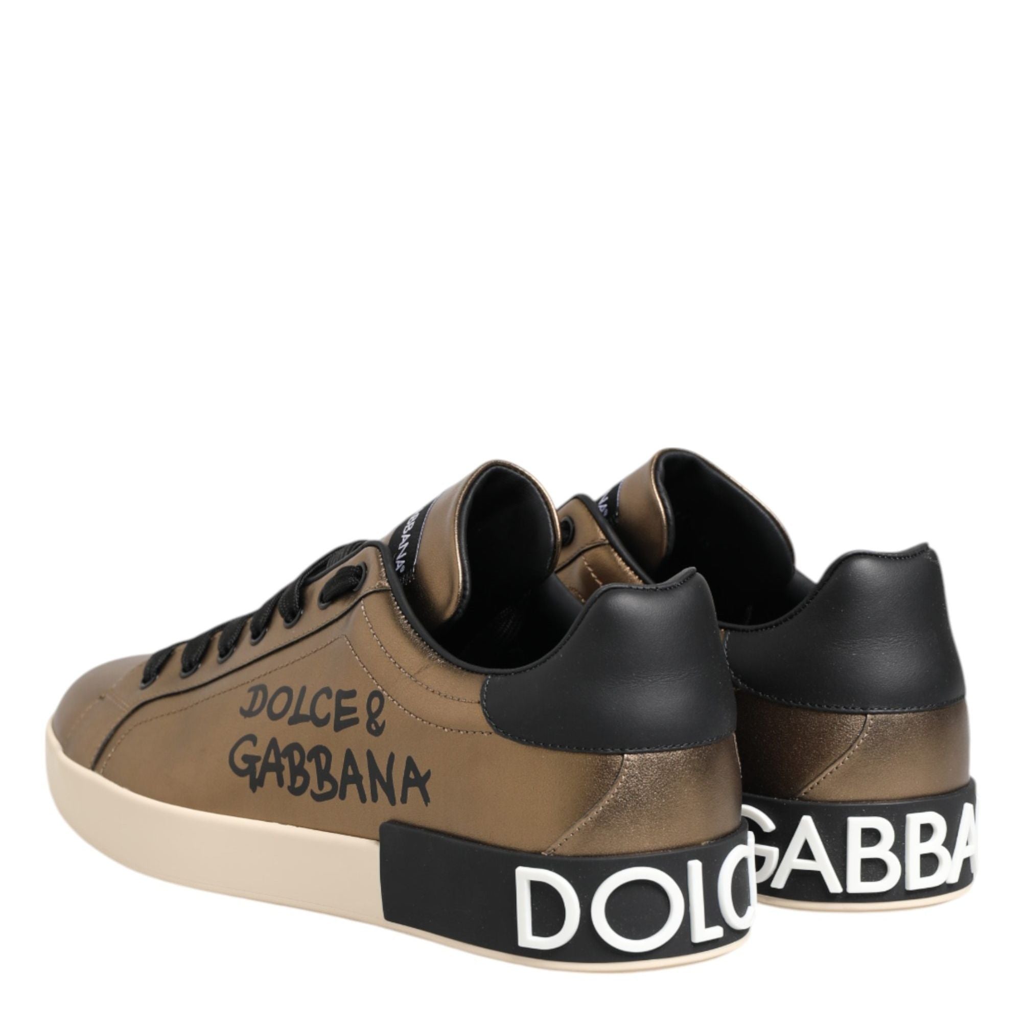 Dolce & Gabbana Gold Portofino Calf Leather Sneakers Shoes