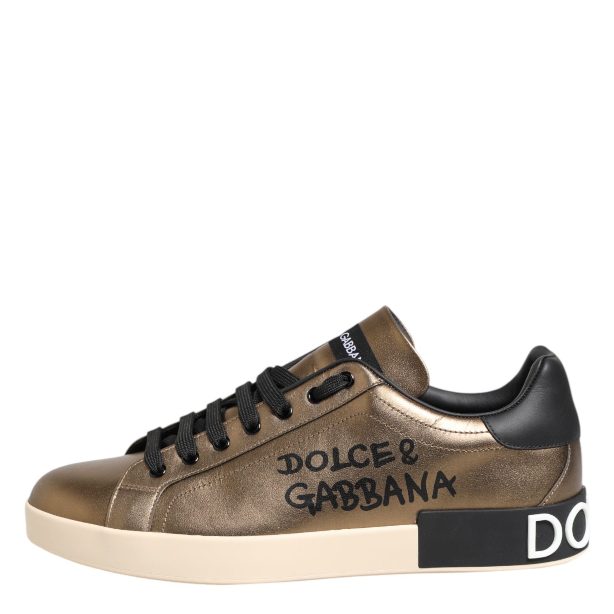 Dolce & Gabbana Gold Portofino Calf Leather Sneakers Shoes