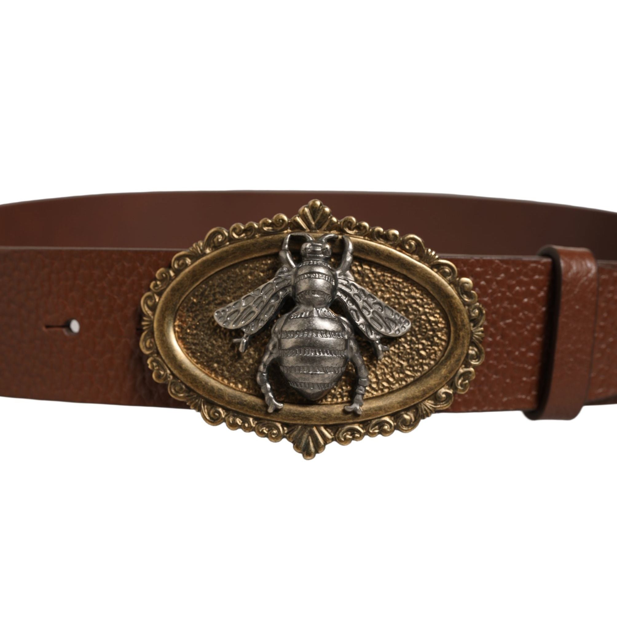 Dolce & Gabbana Brown Leather Bee Accent Metal Buckle Belt