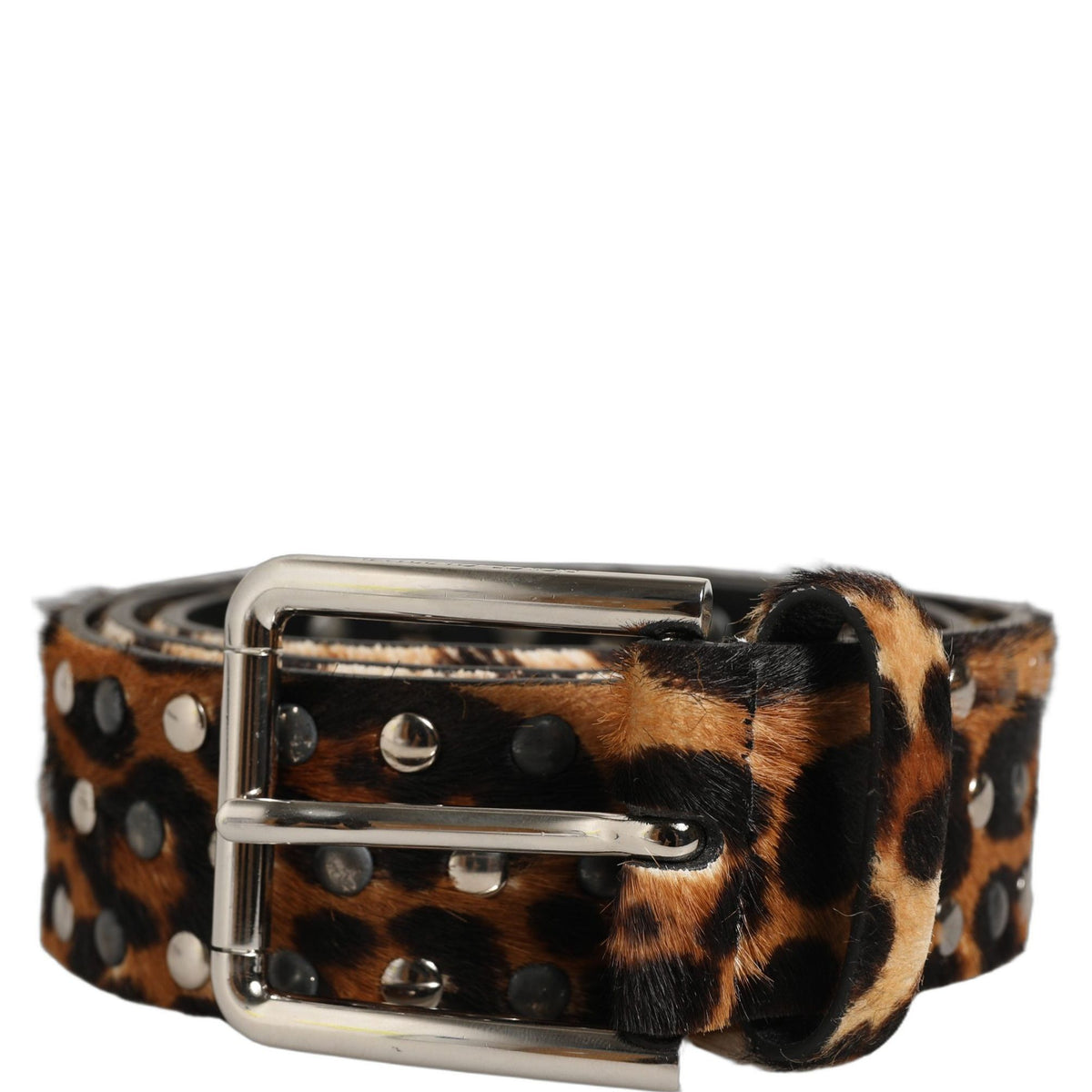 Dolce & Gabbana Brown Leopard Calf Hair Studs Metal Buckle Belt