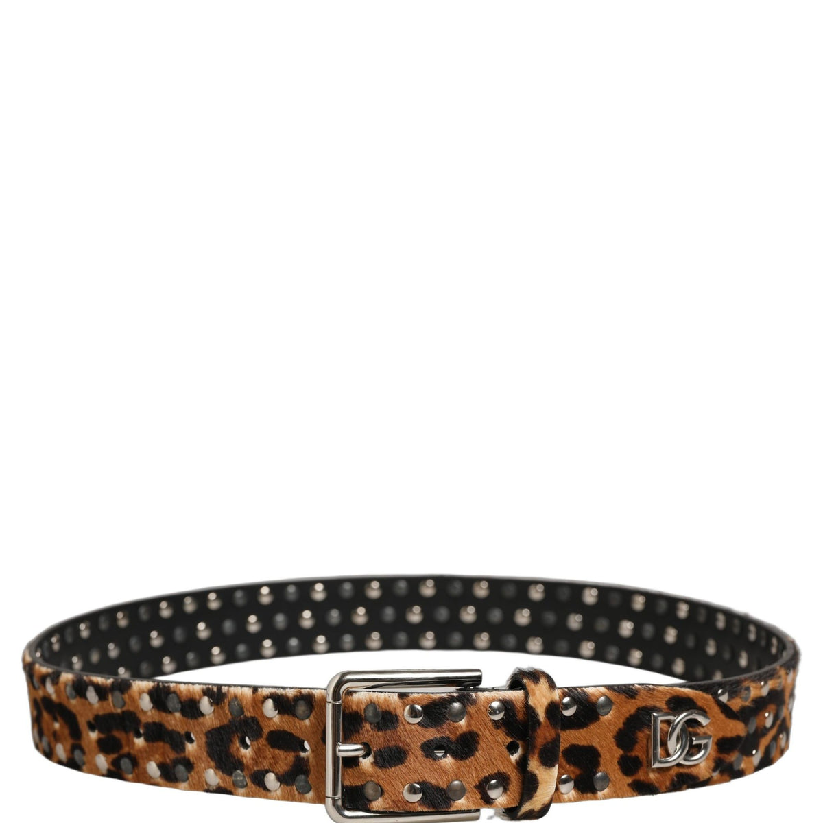 Dolce & Gabbana Brown Leopard Calf Hair Studs Metal Buckle Belt