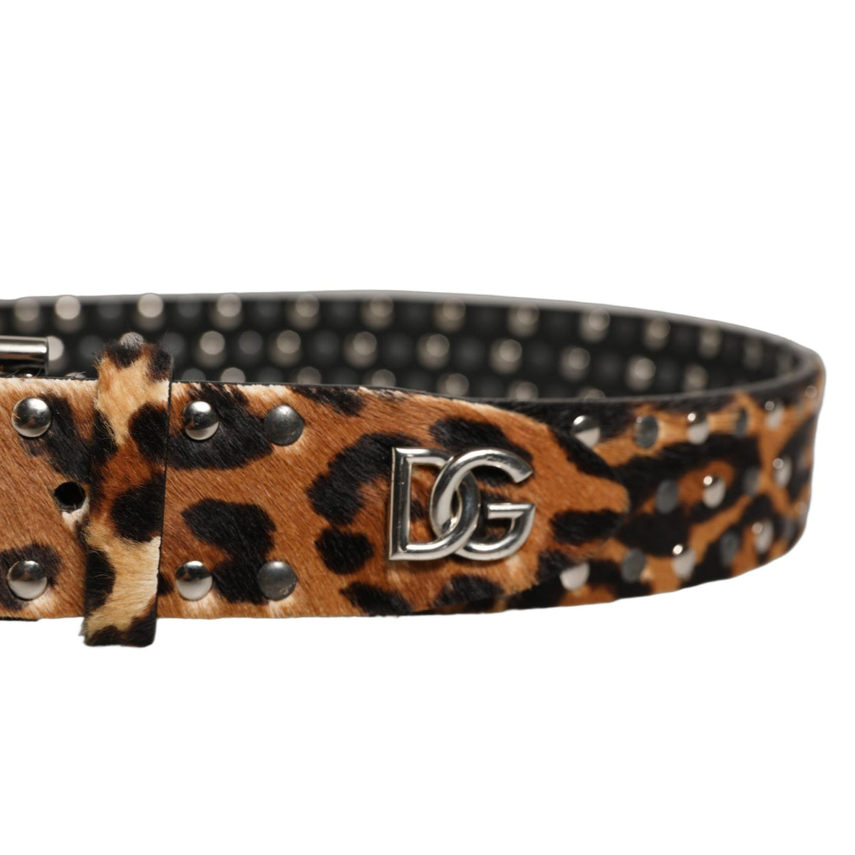 Dolce & Gabbana Brown Leopard Calf Hair Studs Metal Buckle Belt