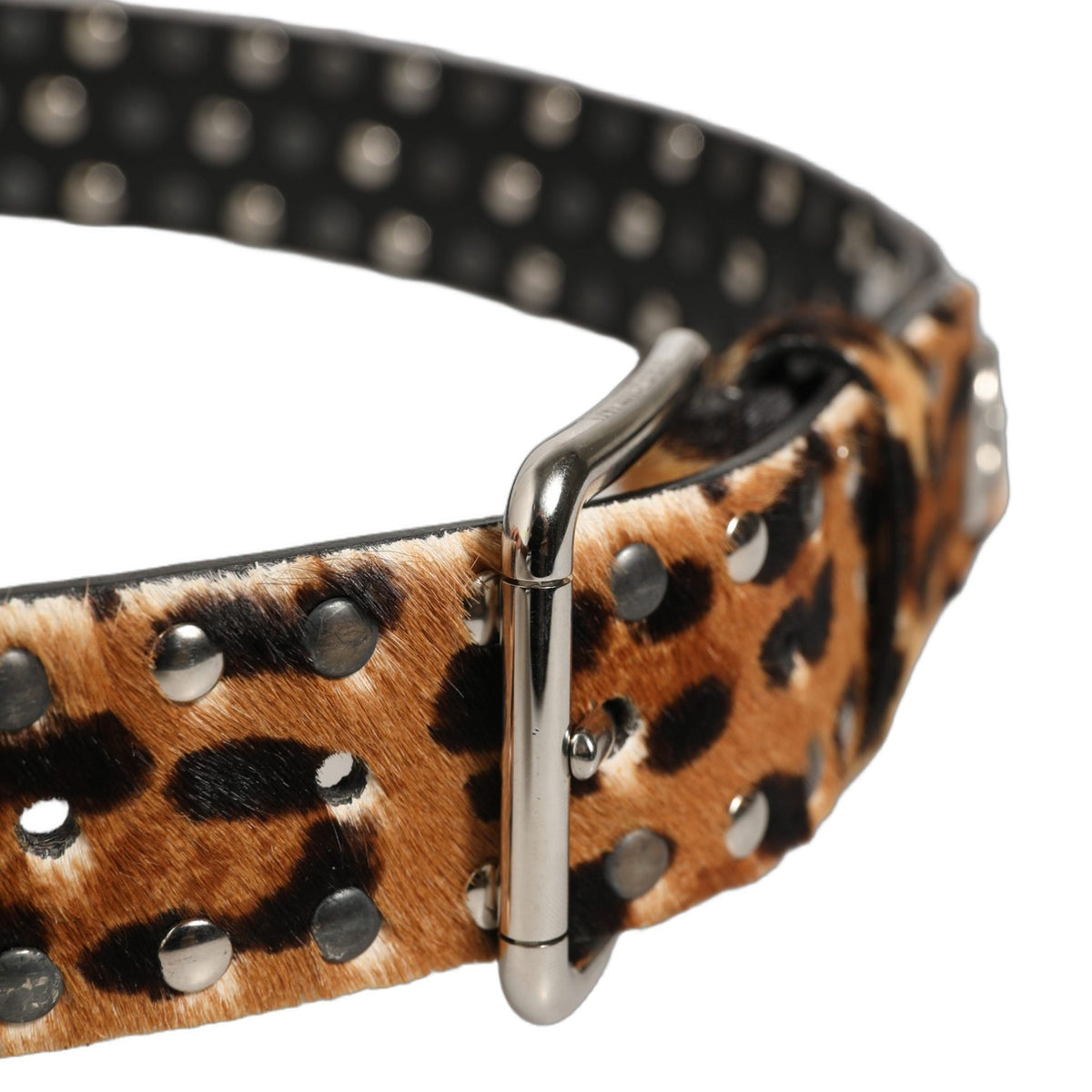 Dolce & Gabbana Brown Leopard Calf Hair Studs Metal Buckle Belt
