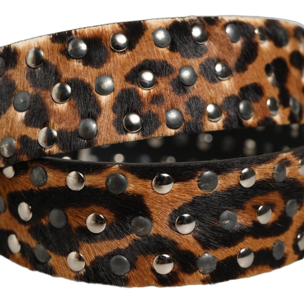 Dolce & Gabbana Brown Leopard Calf Hair Studs Metal Buckle Belt