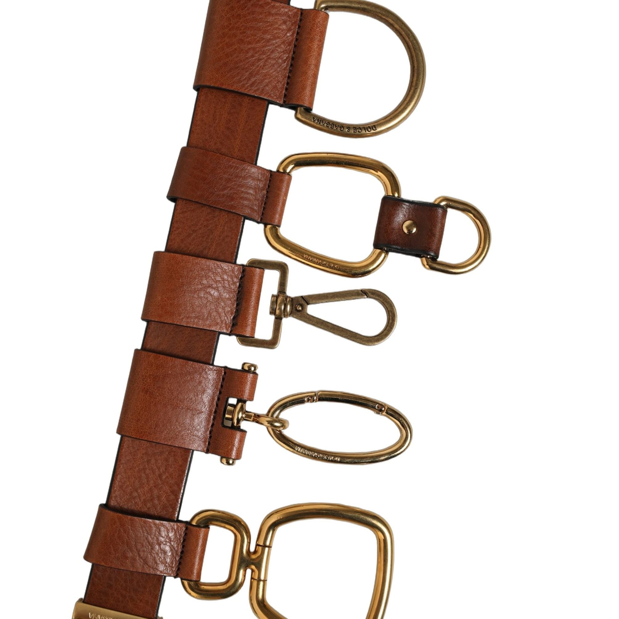 Dolce & Gabbana Brown Leather Gold Metal Rings Buckle Belt